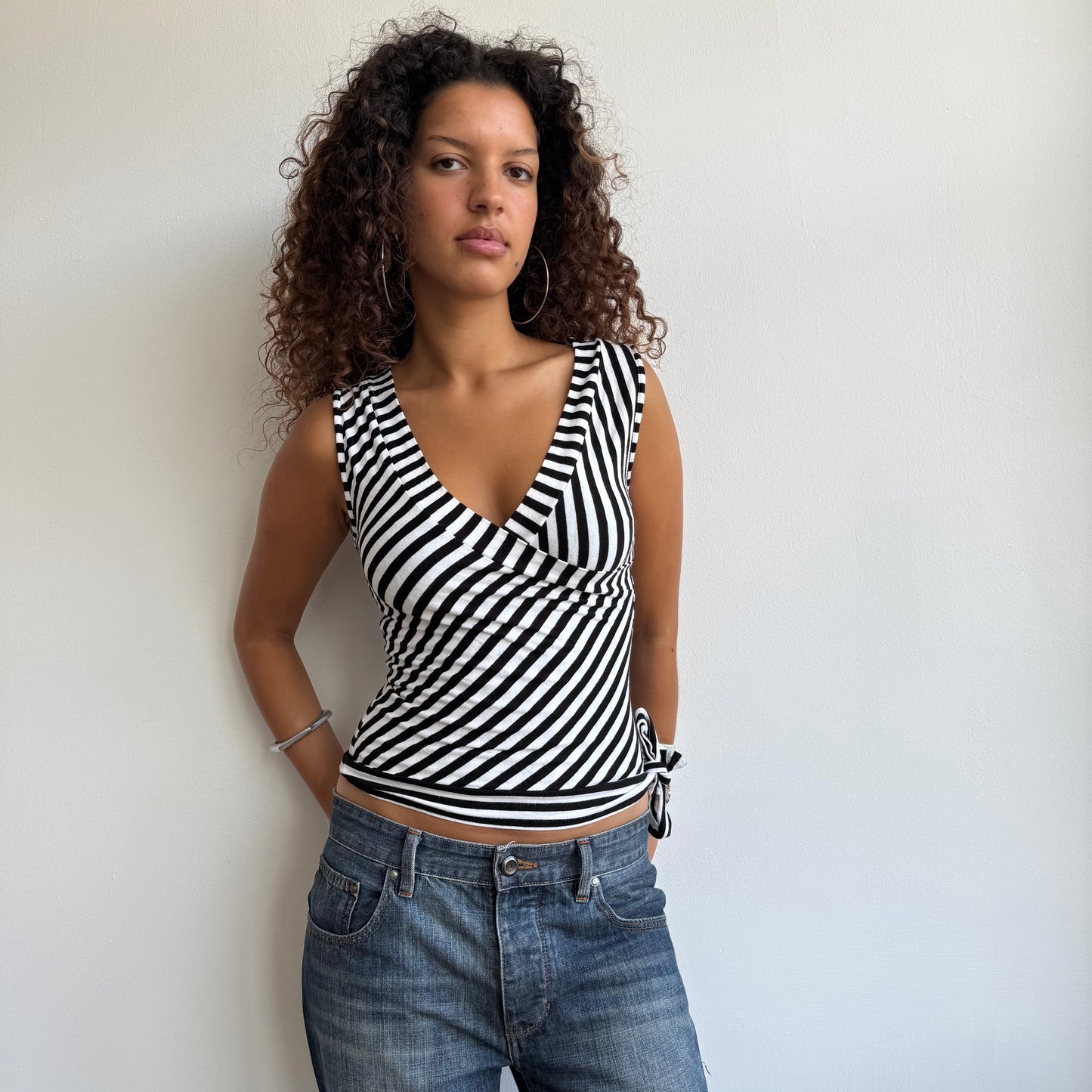 Black + white ballet wrap top - Size S