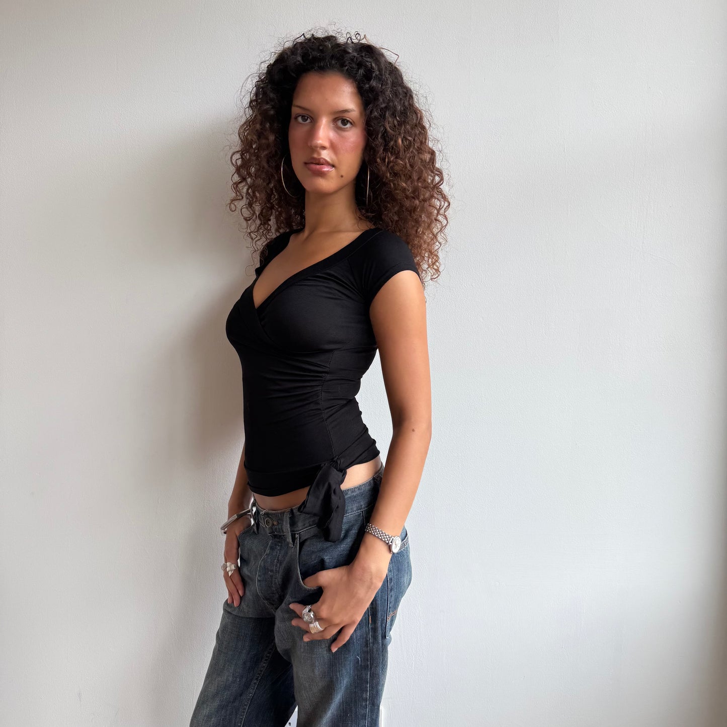 Black wrap tie side top - Size S