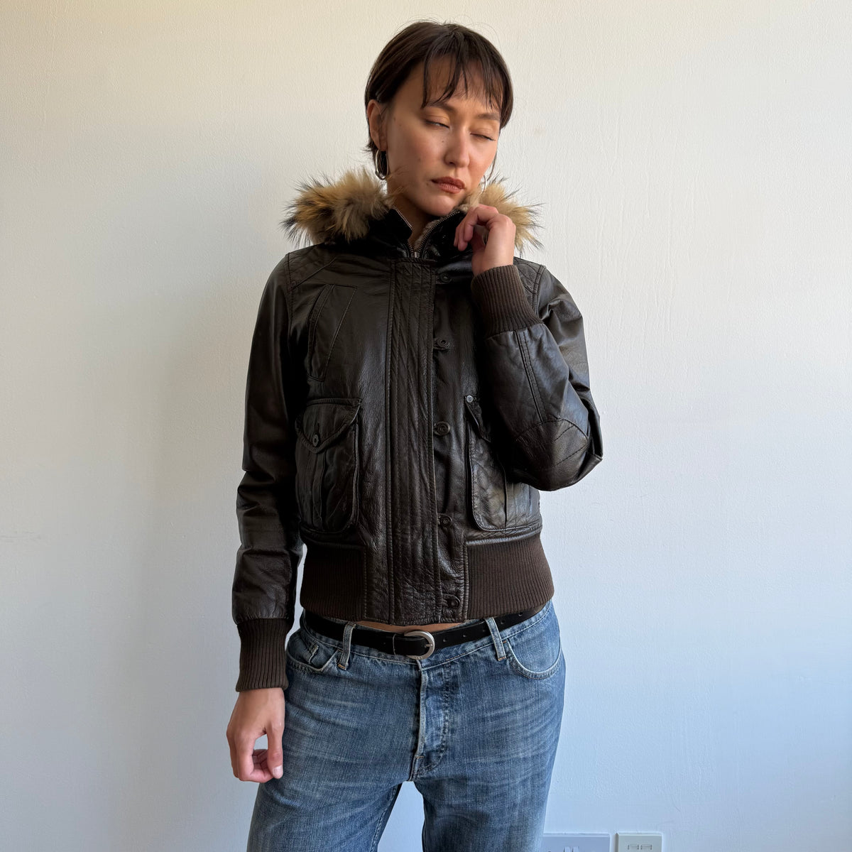 Brown leather fur hood bomber - Size S/M
