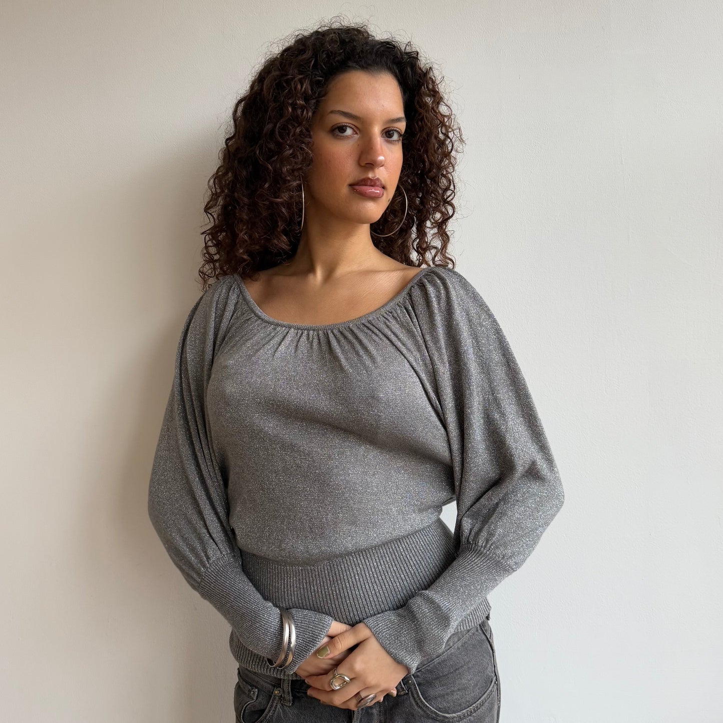Silver sparkly batwing knit - Size S