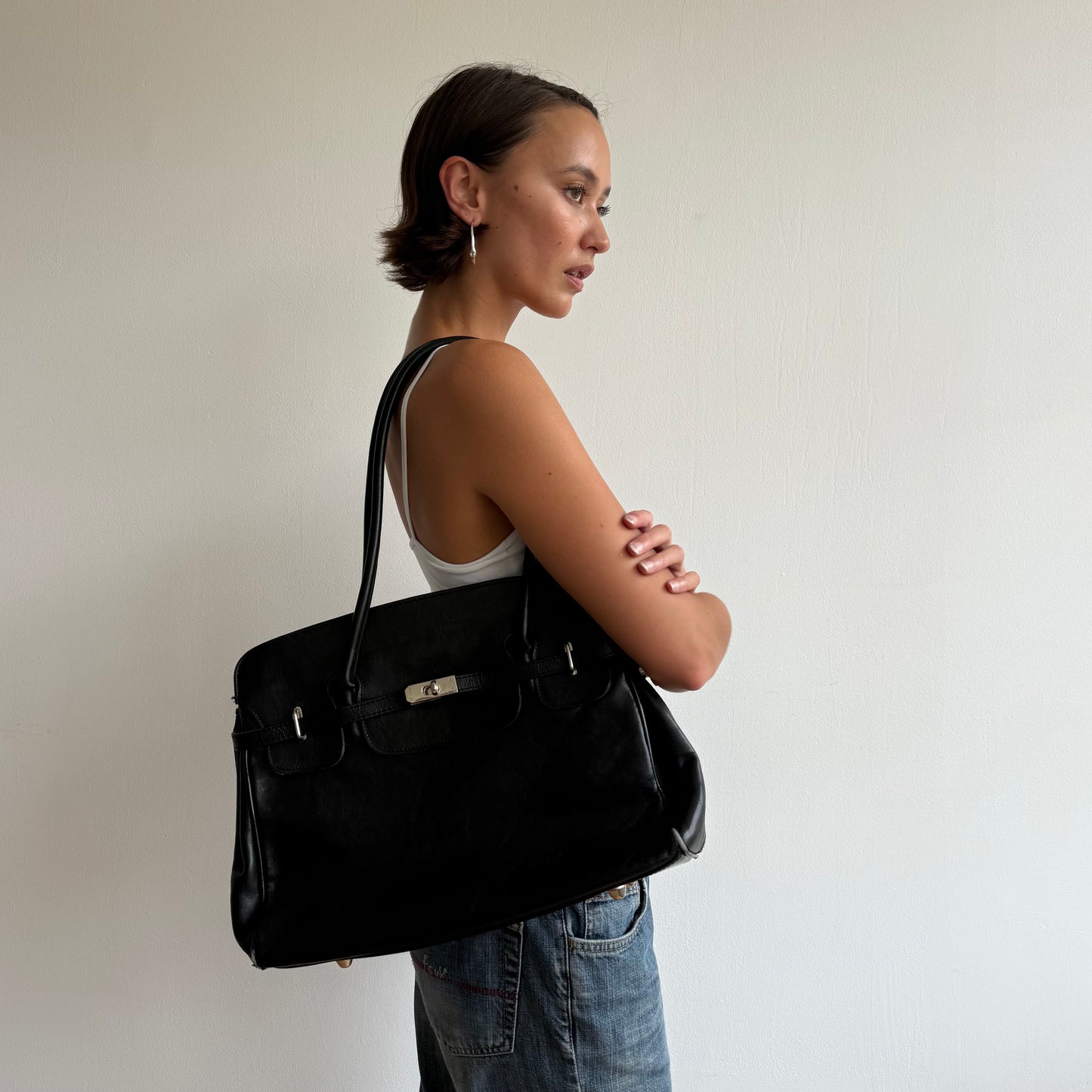 Black leather firkin bag - One Size