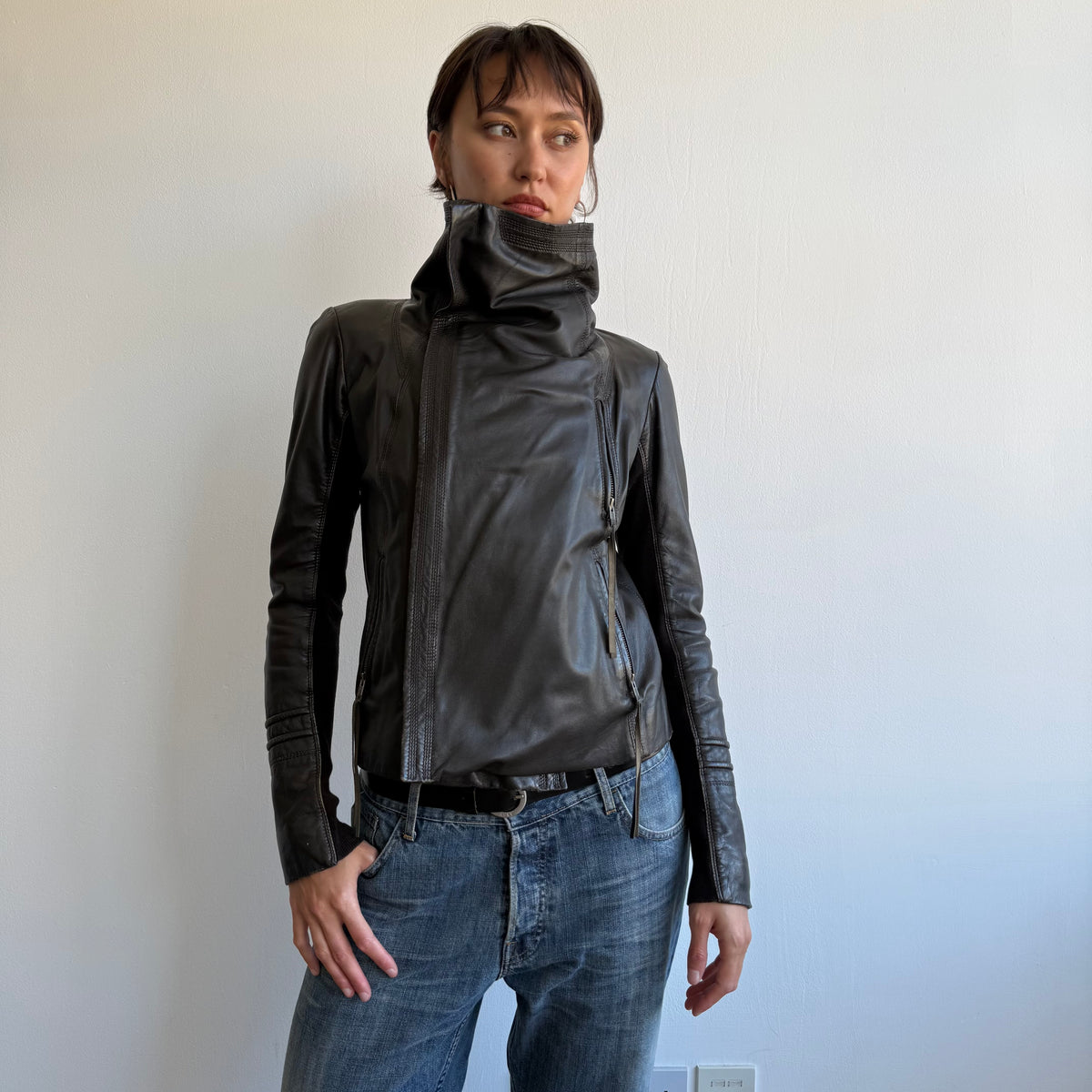 Brown leather funnel neck jacket - Size S