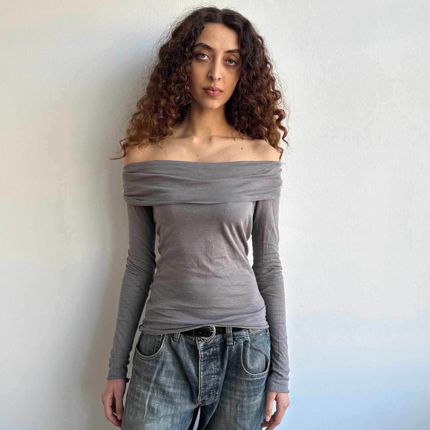 Taupe bardot fold over top - Size S
