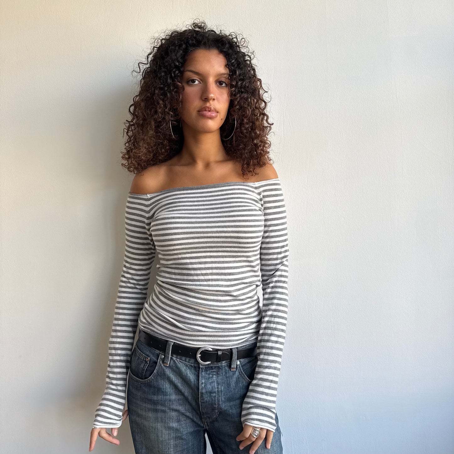 Grey + white striped Bardot top - Size S/M