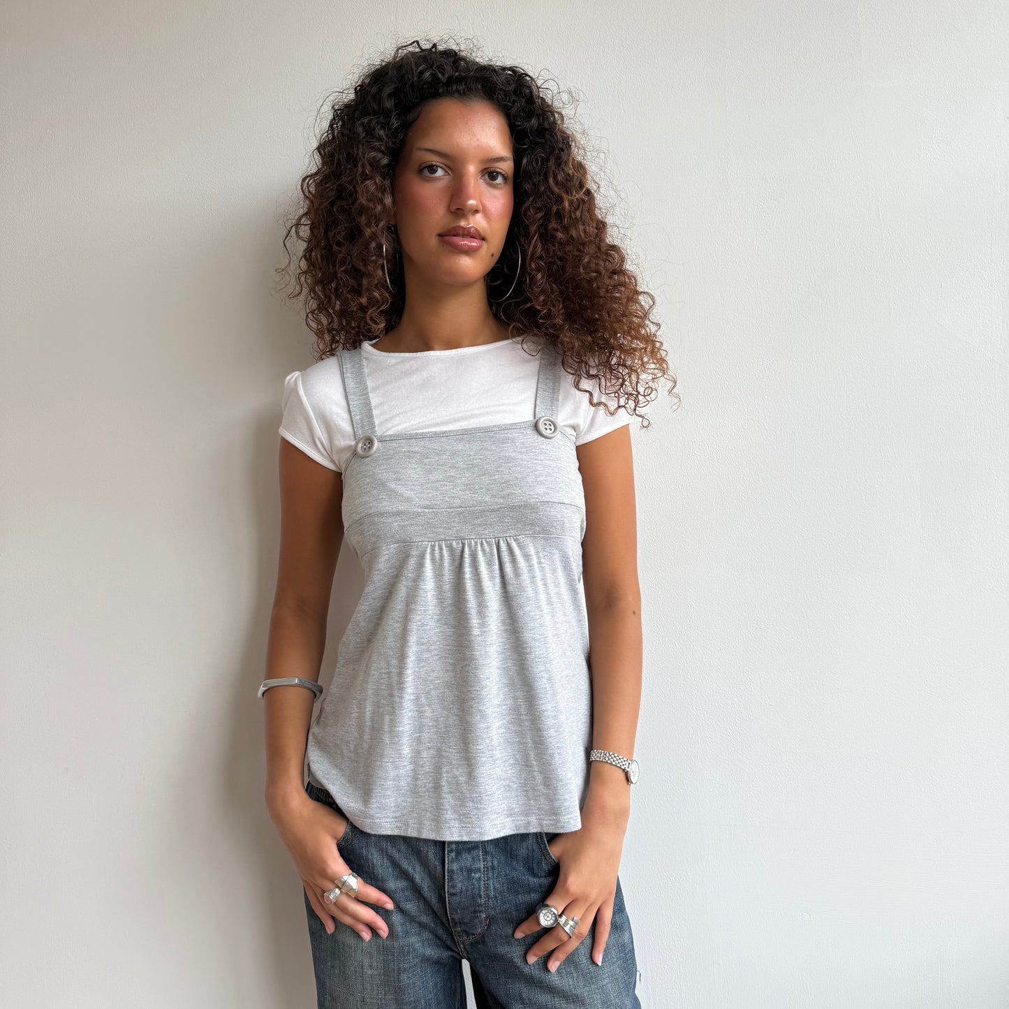 Grey + white dungaree top - Size M