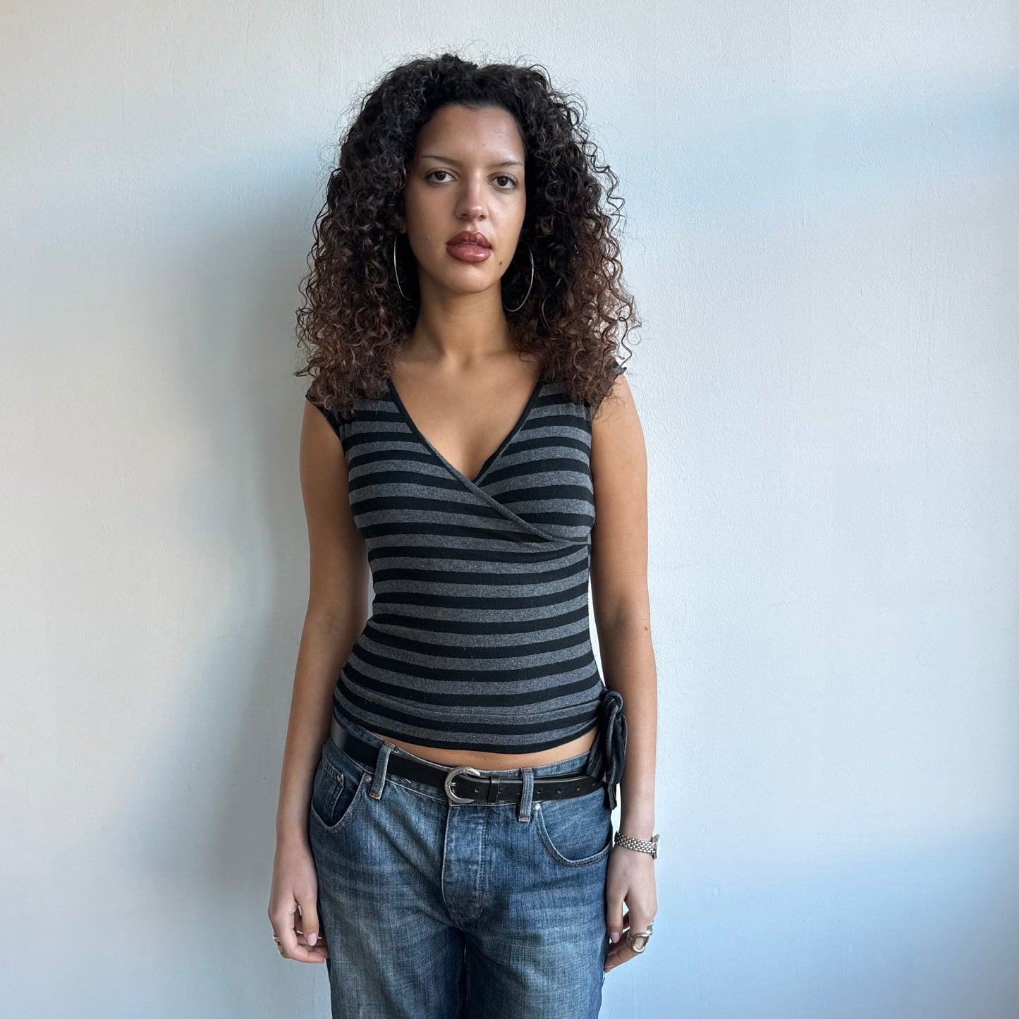 Black + grey wrap tie side top - Size S