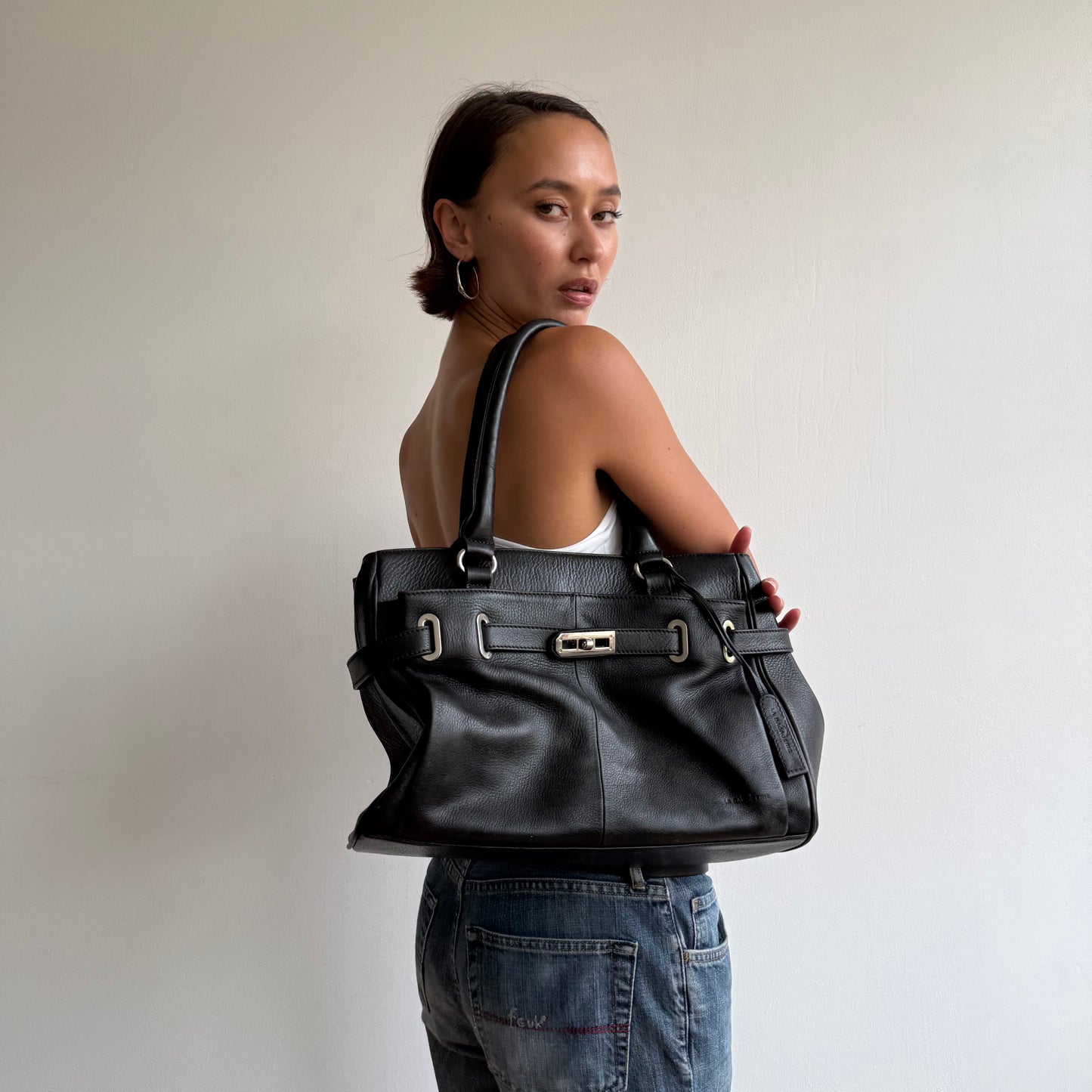 Black leather firkin bag - One Size
