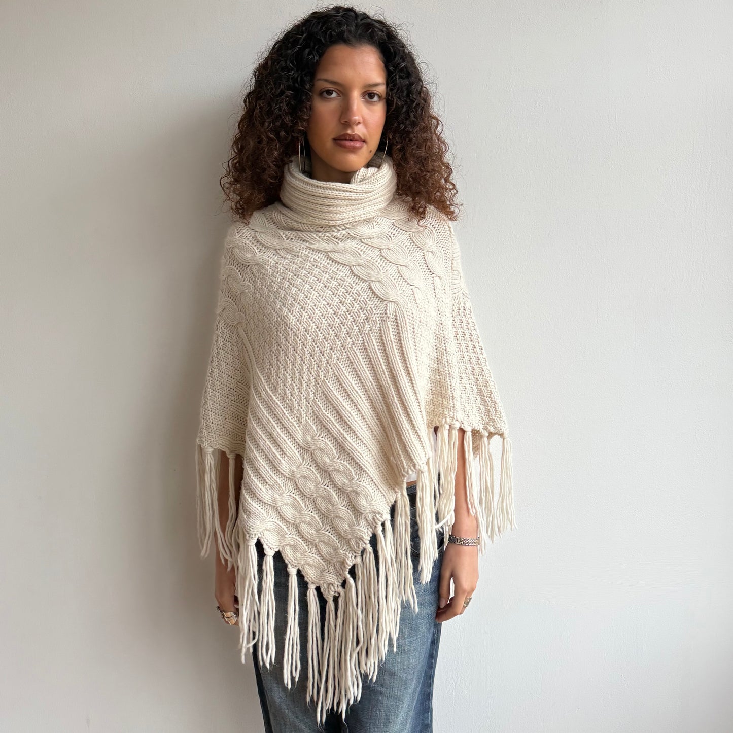 Cream tassel poncho - One Size