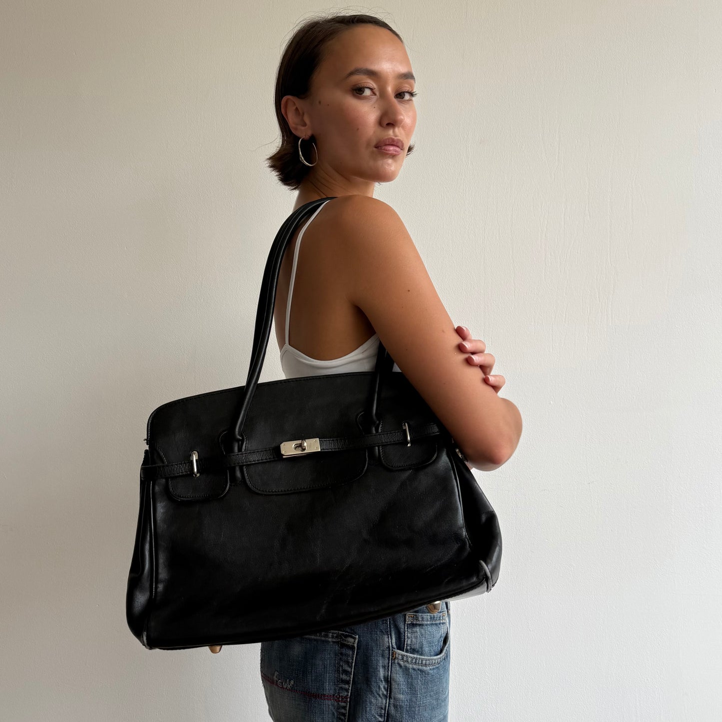 Black leather firkin bag - One Size