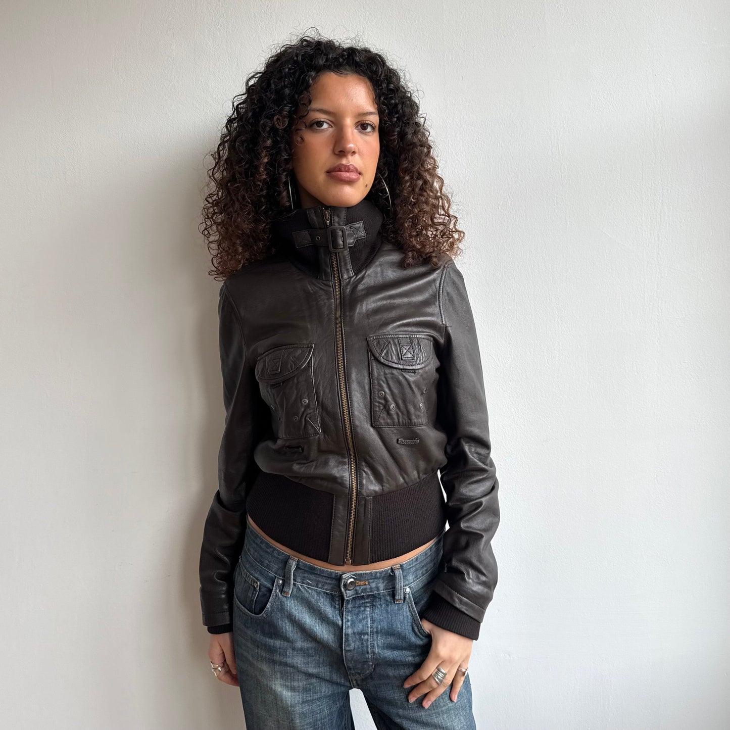 Soft leather brown buckle bomber - Size M