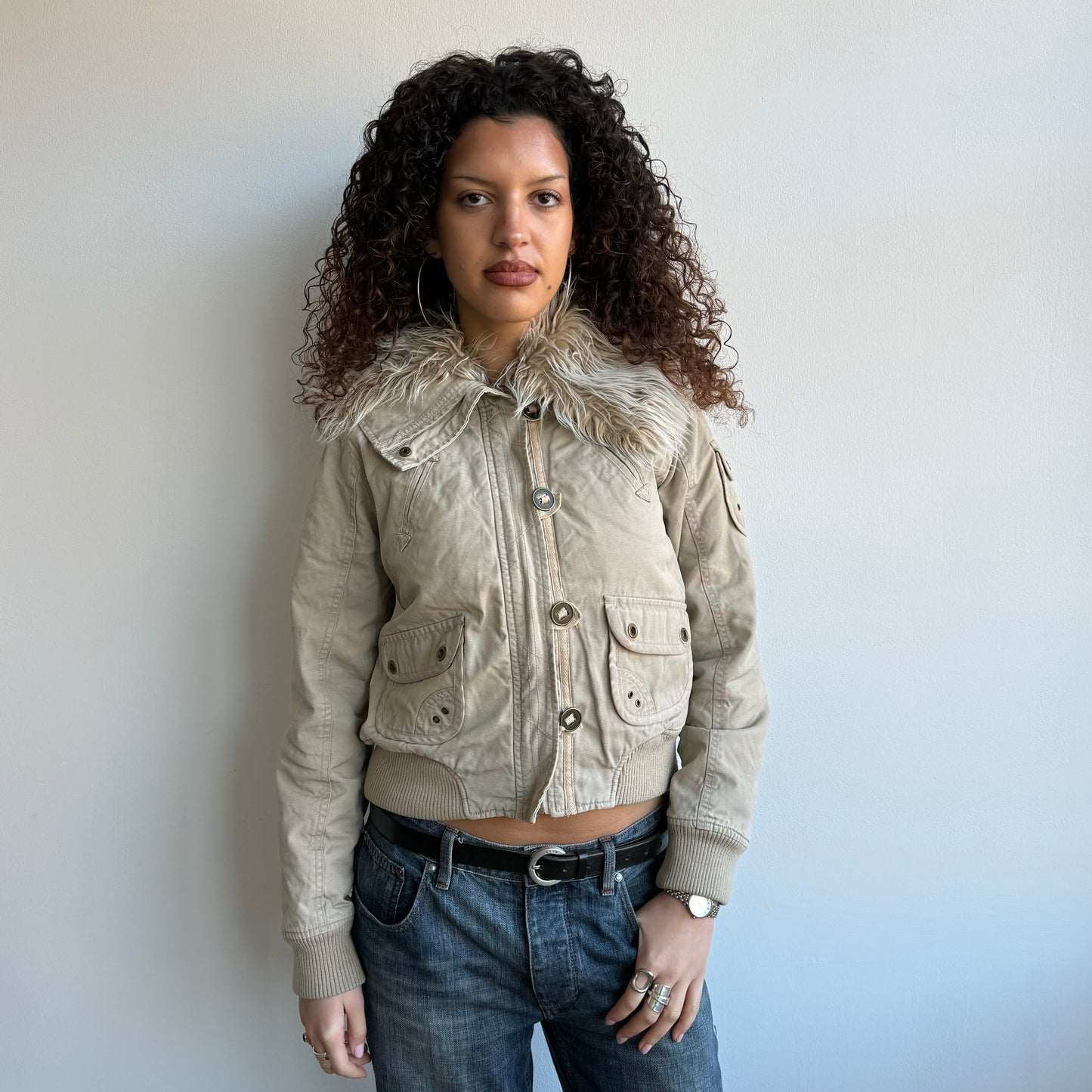 Beige fur collar bomber - Size M
