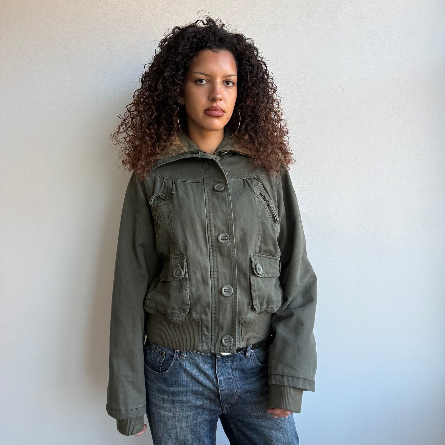 Khaki faux fur hood bomber - Size M