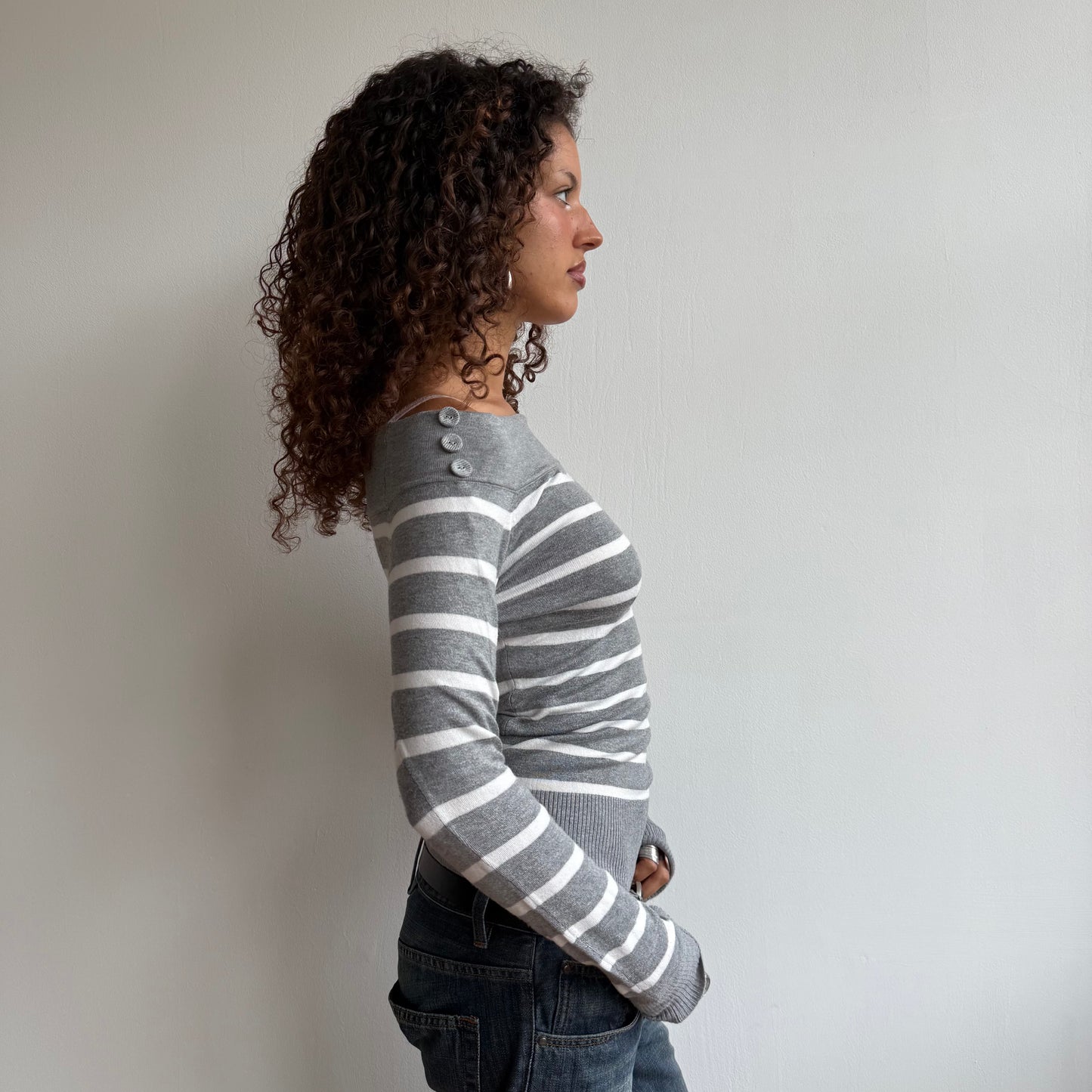 Grey + white striped bardot knit - Size S/M