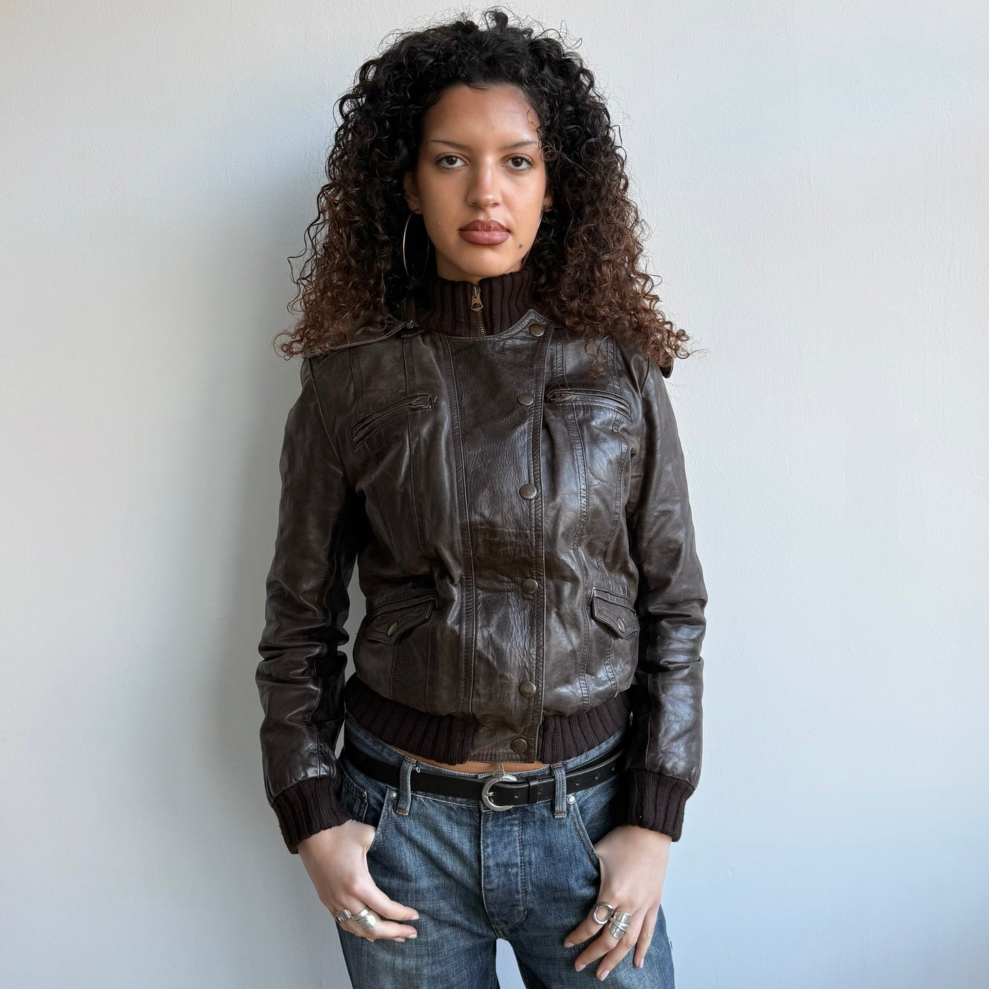 Brown leather fur hood jacket - Size M