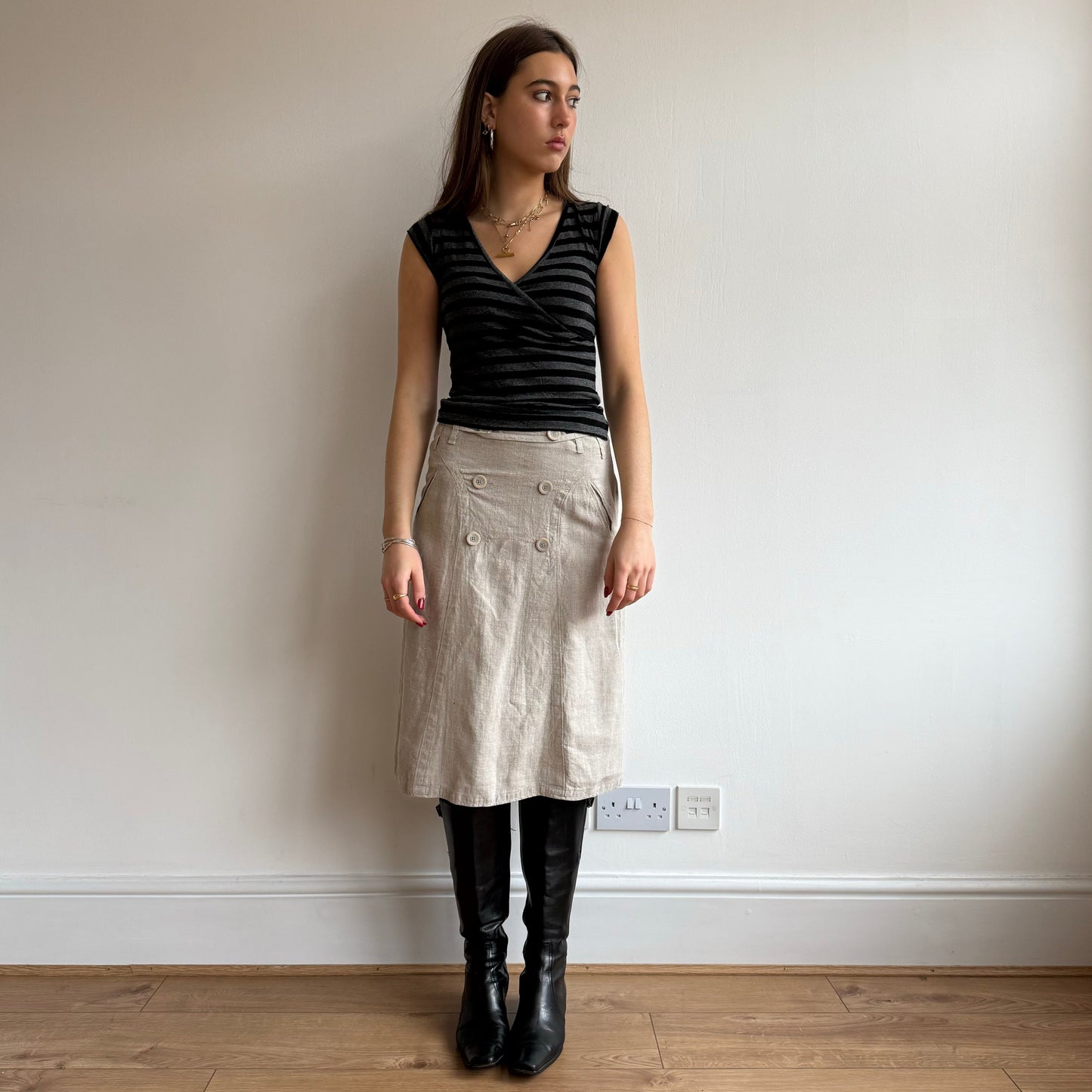 Beige linen midi skirt - Size S