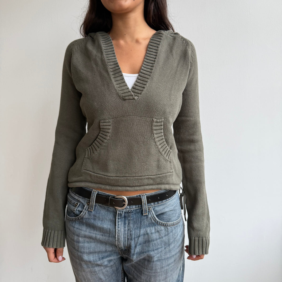 Khaki v-neck knit hoodie - Size S-M