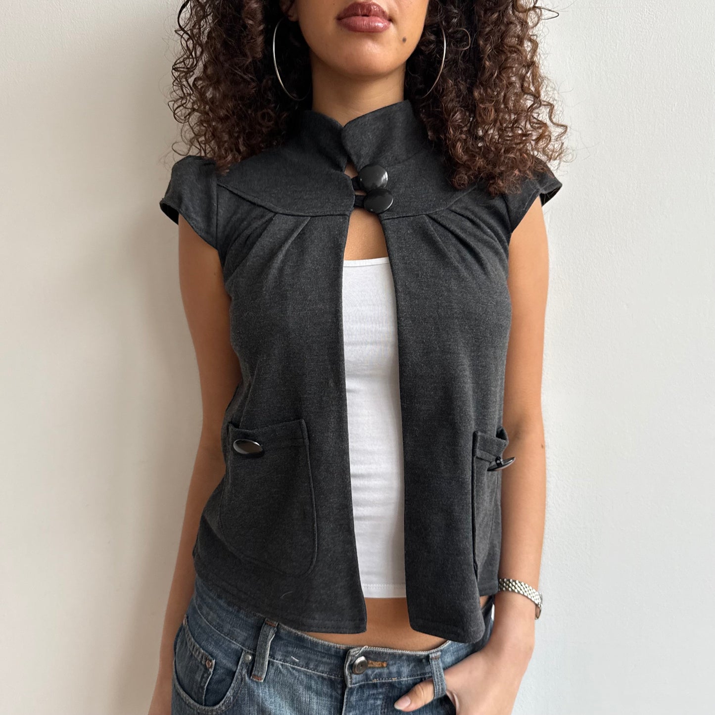 Grey button neck open cardi - Size S