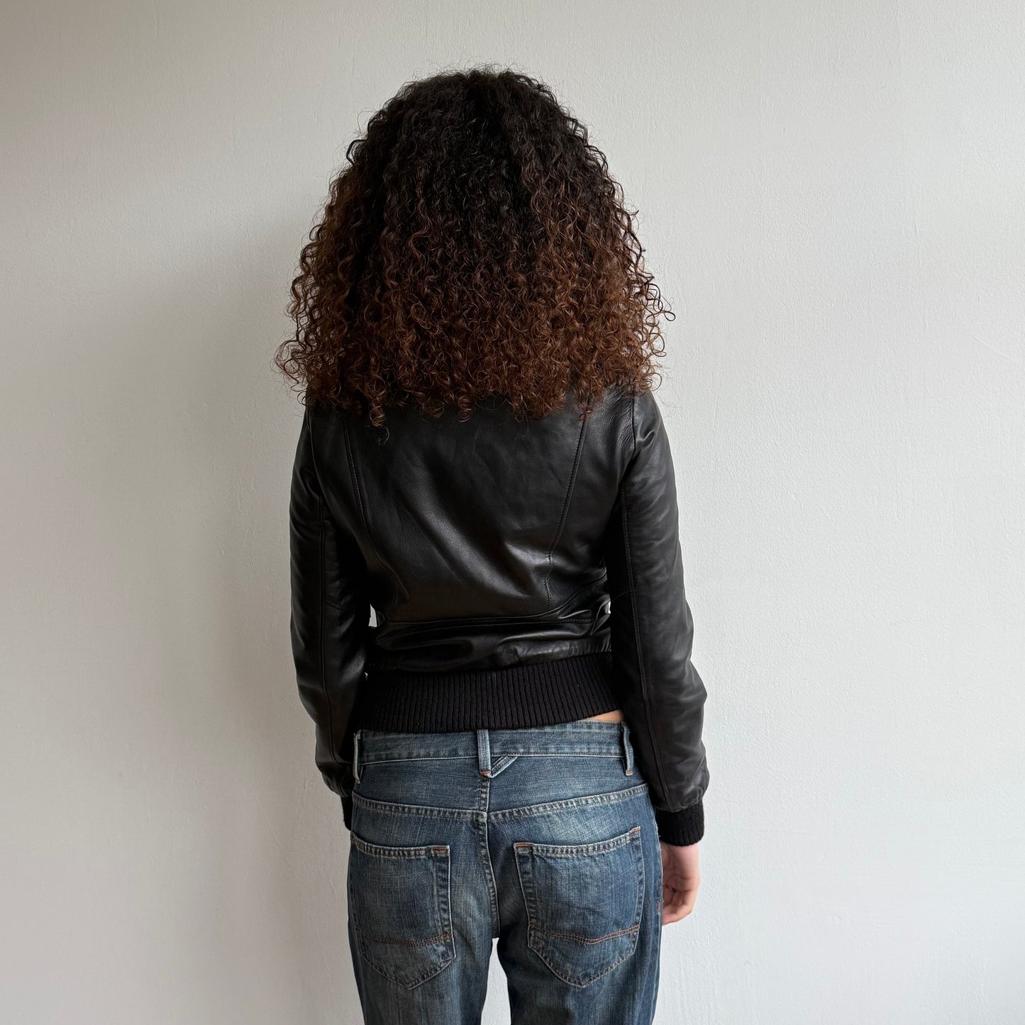 Black leather fur zip jacket - Size M