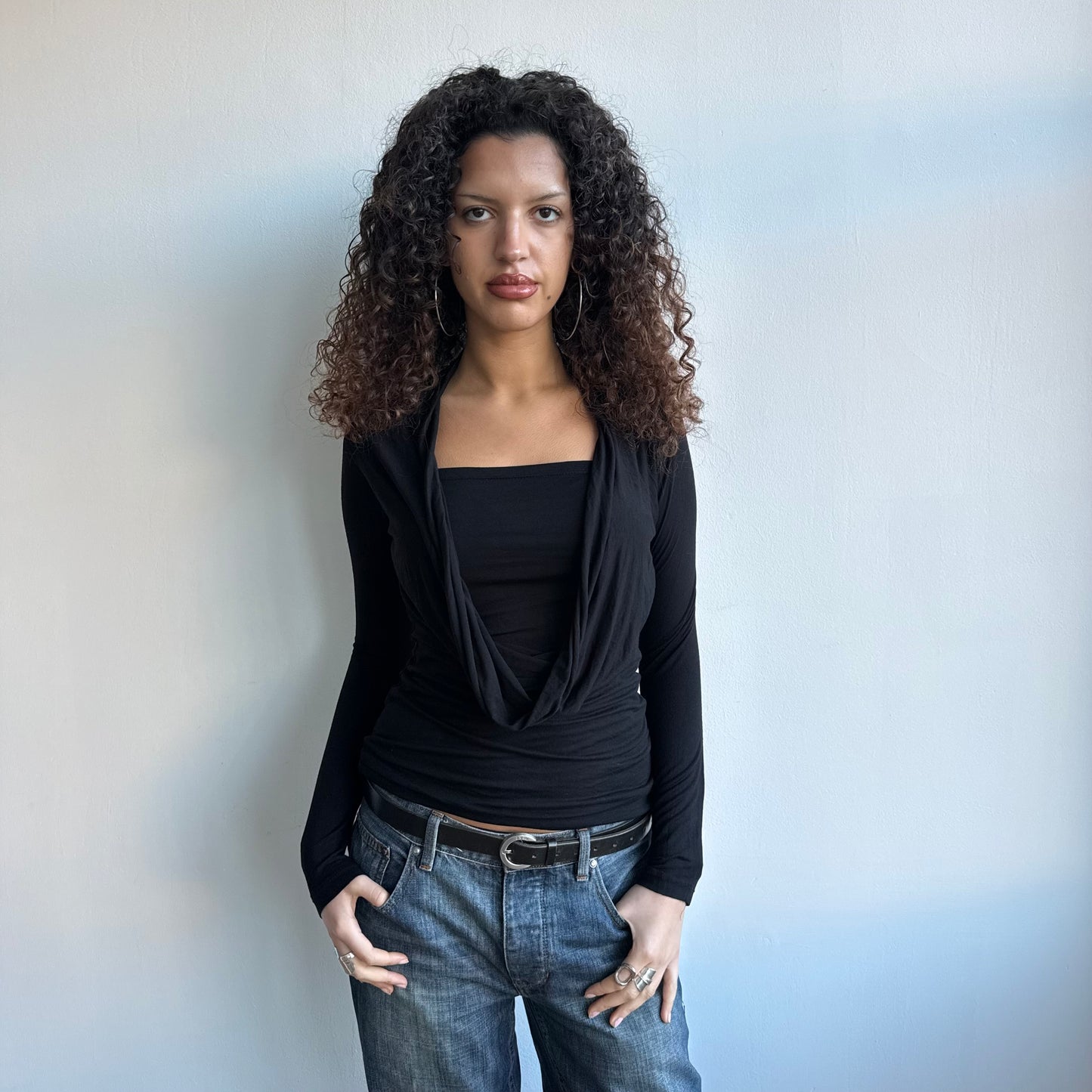 Black slouchy cowl wrap top - Size M