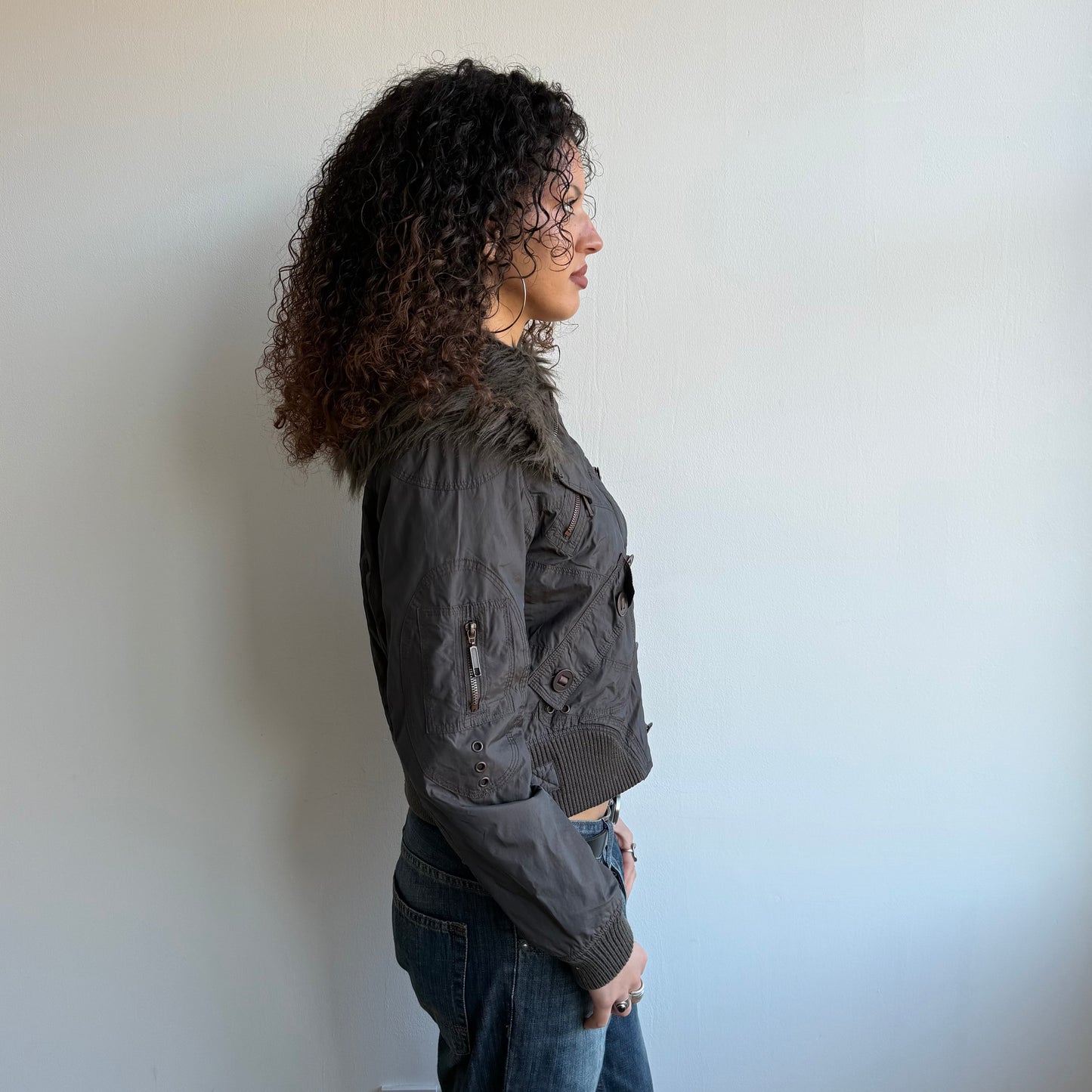 Brown fur collar bomber - Size M