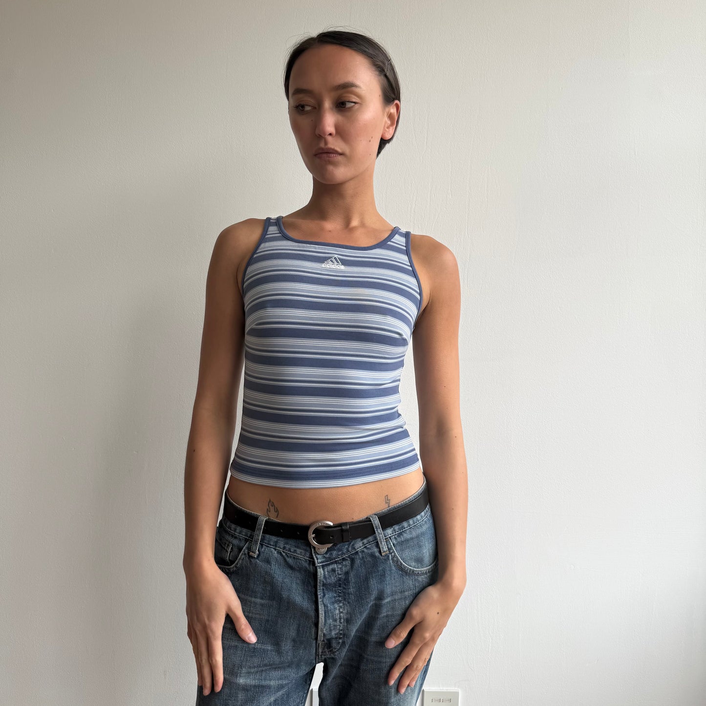 Blue striped Adidas top - Size S