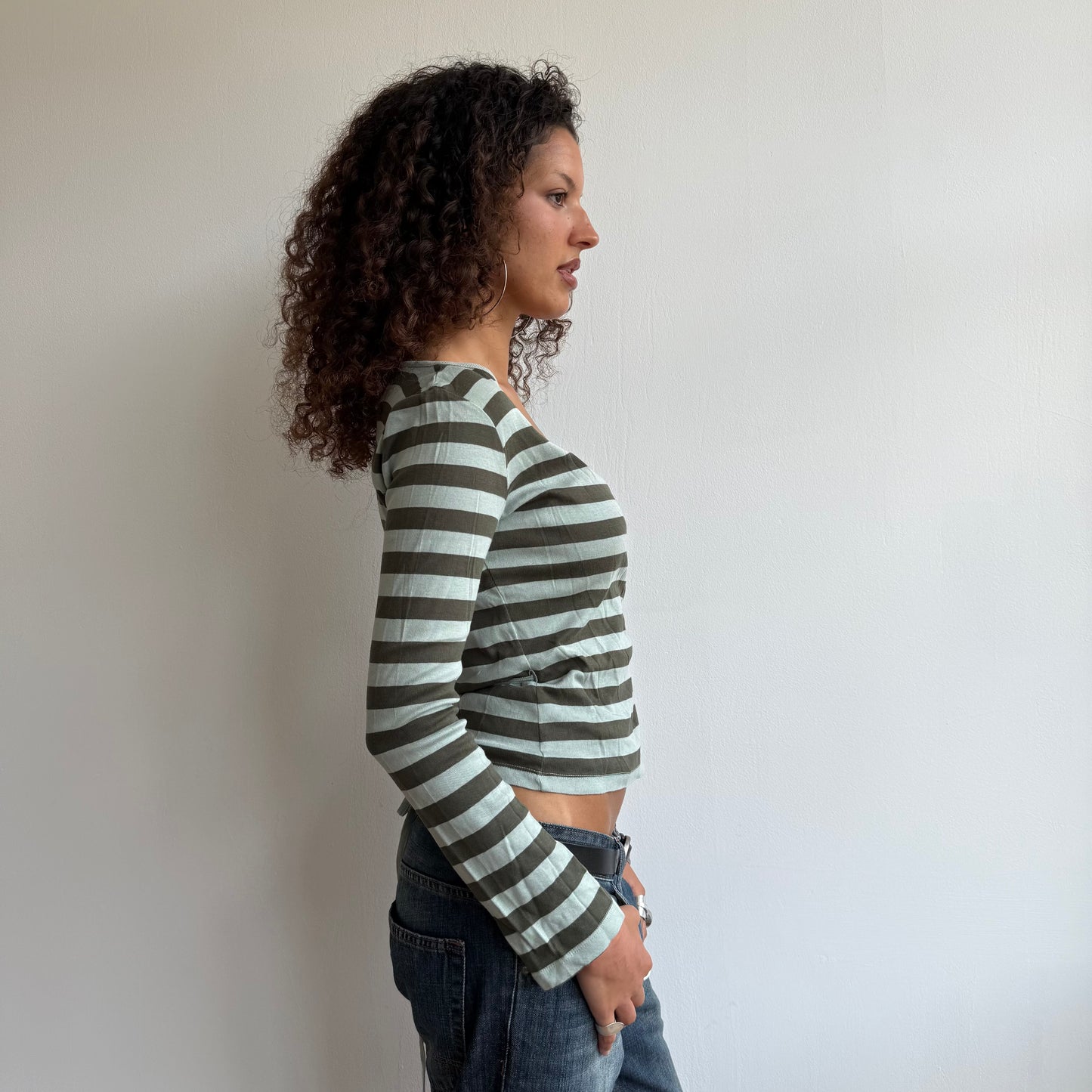 Green striped wrap tie-side top - Size S/M