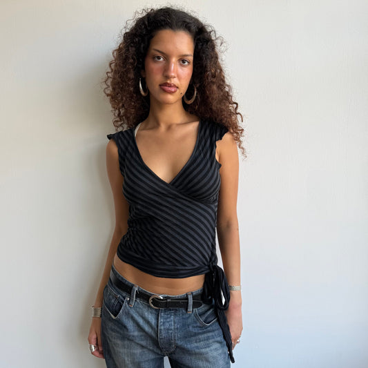 Black and grey striped wrap top - Size S