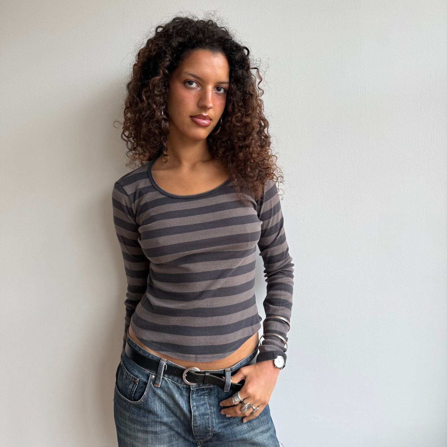 Brown + black striped top - Size S