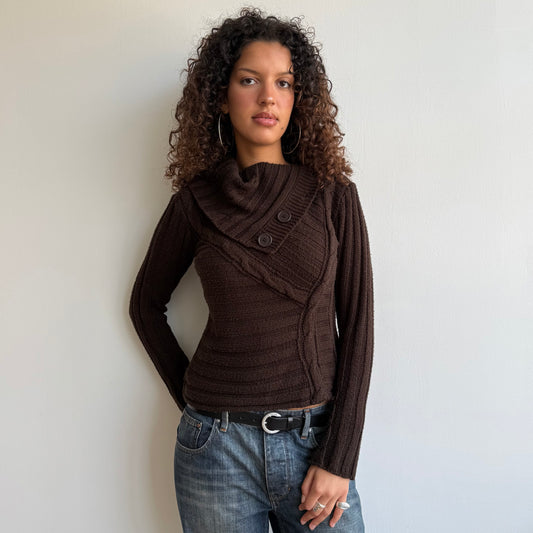 Brown chunky button roll neck - Size S/M