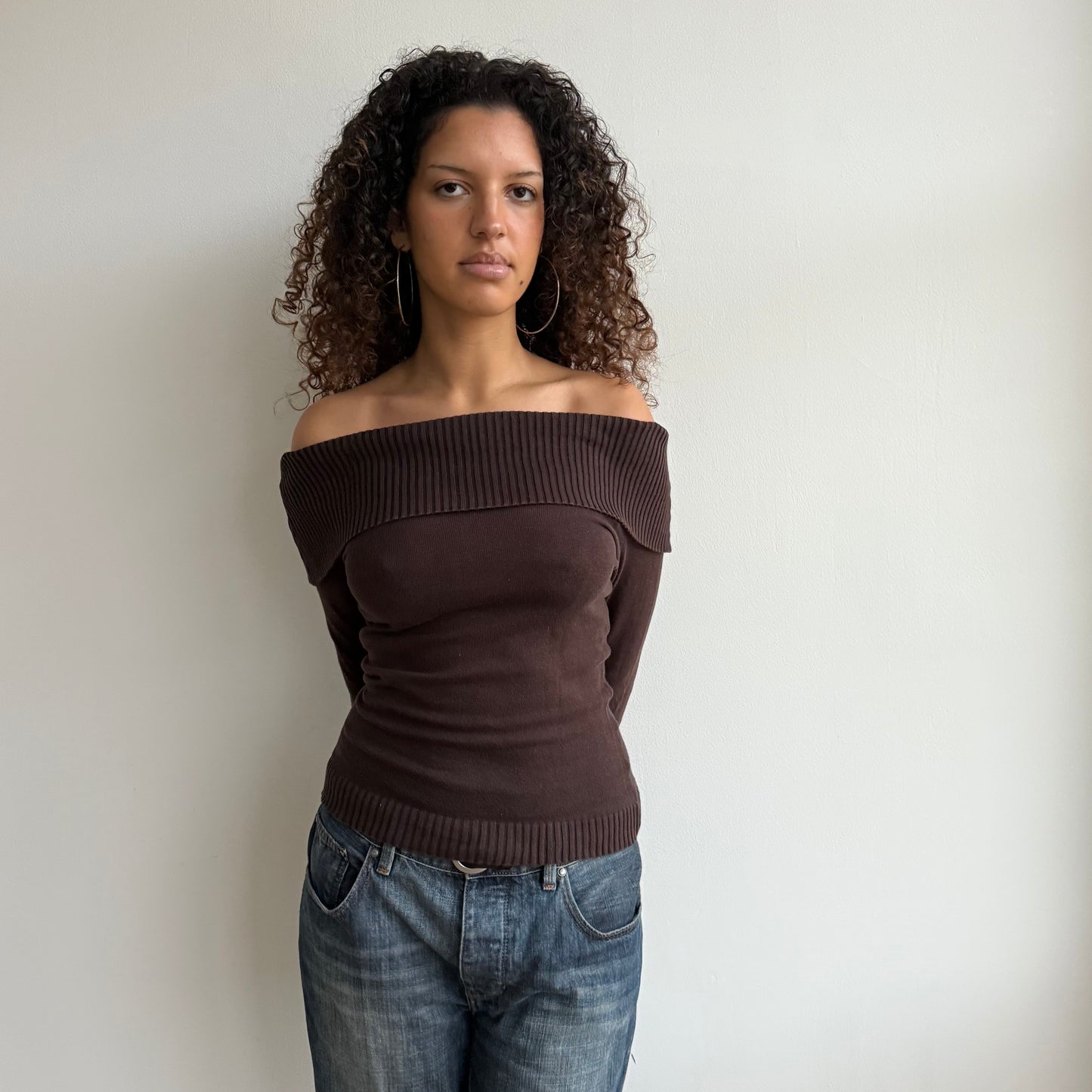 Brown bardot knit jumper - Size S