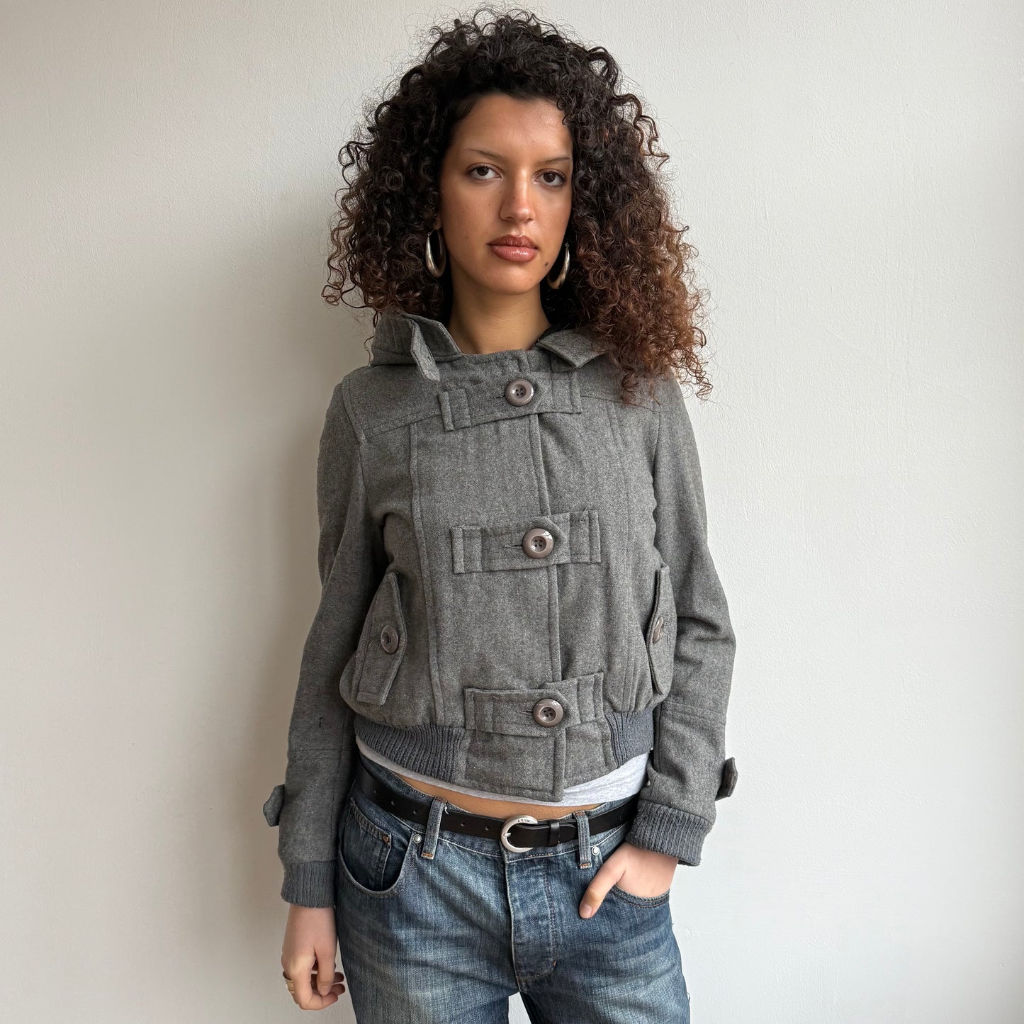 Grey button front hooded bomber - Size S/M