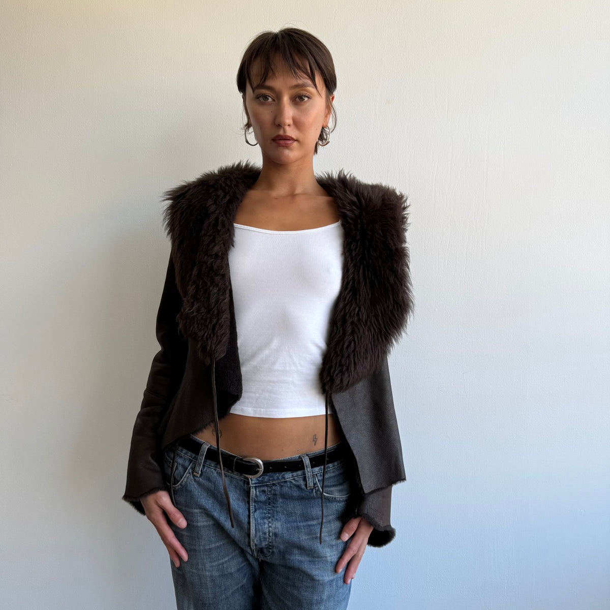 Brown leather fur tie afghan - Size S