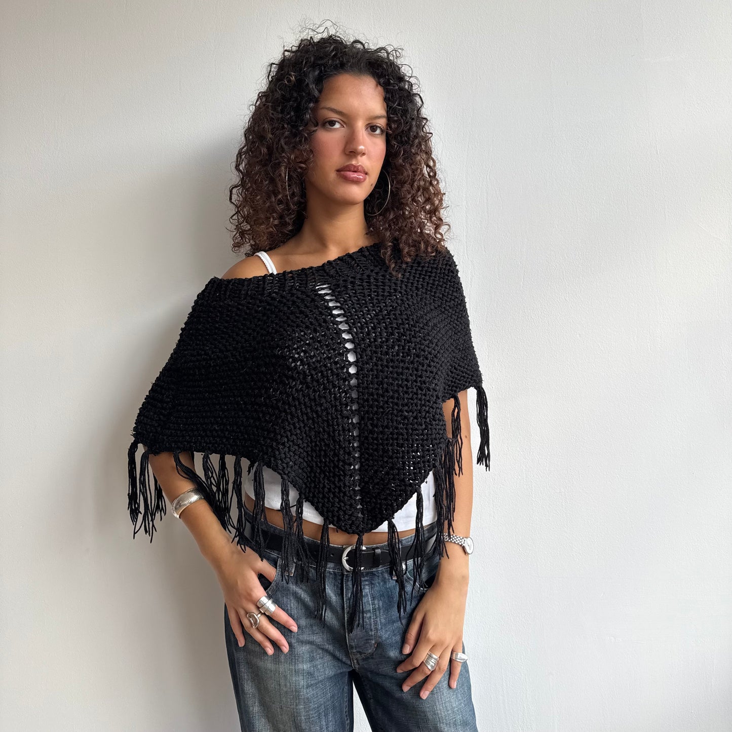 Black tassel poncho - One Size