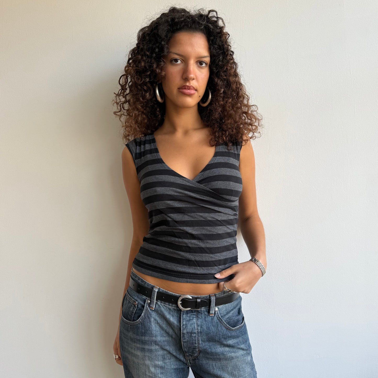 Black + grey stripe wrap top - Size S
