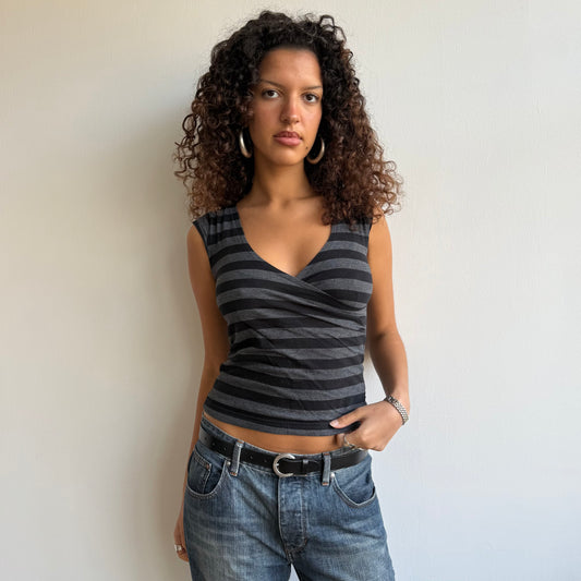 Black + grey stripe wrap top - Size S