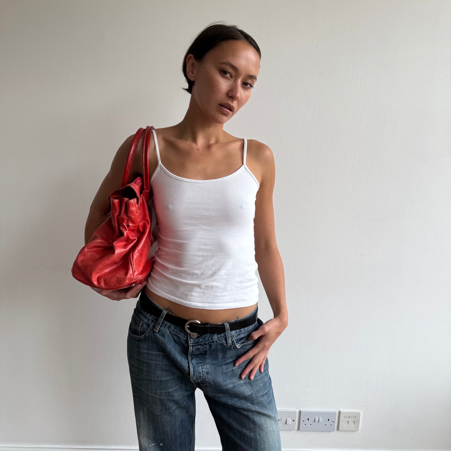 Red leather ‘firkin’ bag - One Size