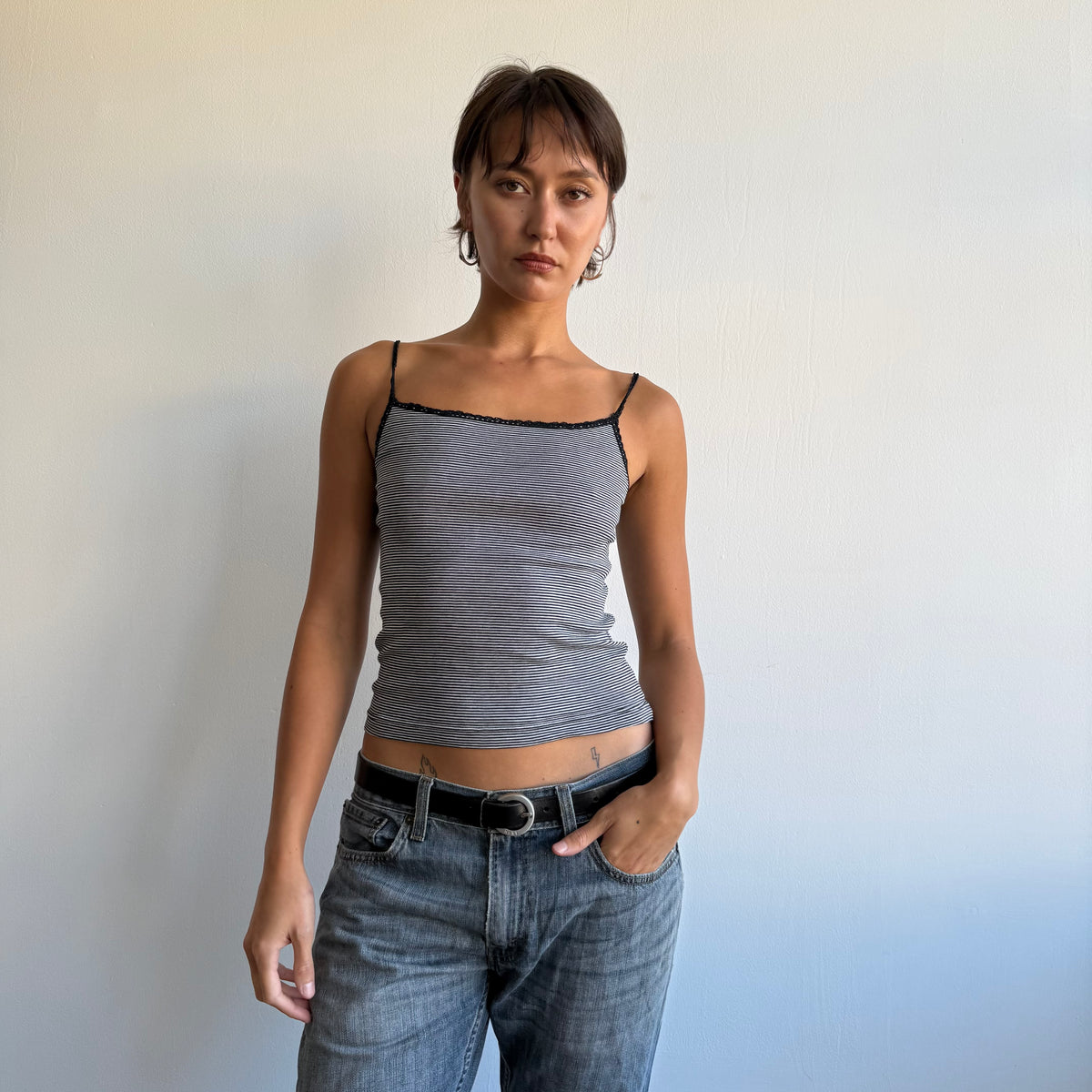 Black + grey striped cami - Size S