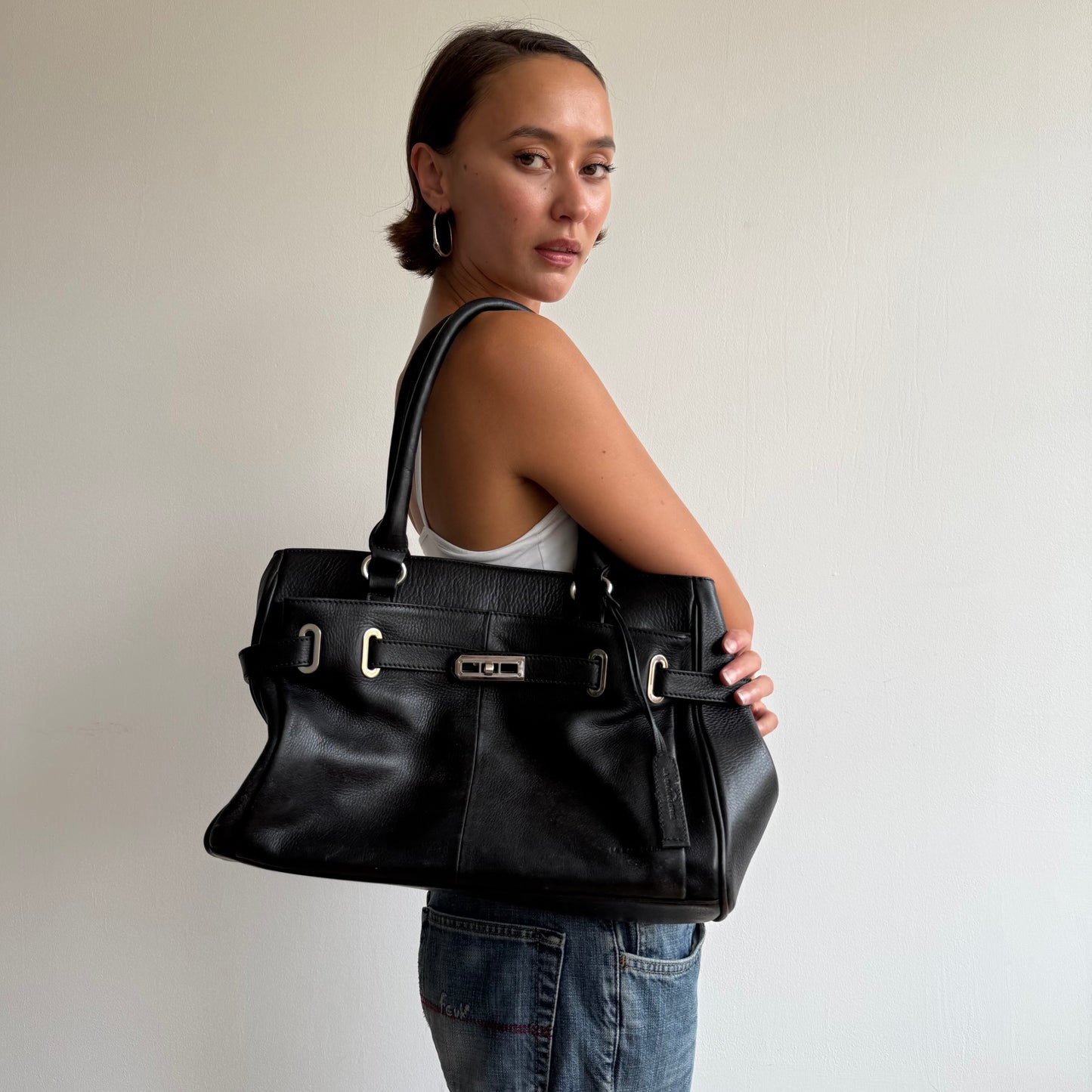 Black leather firkin bag - One Size