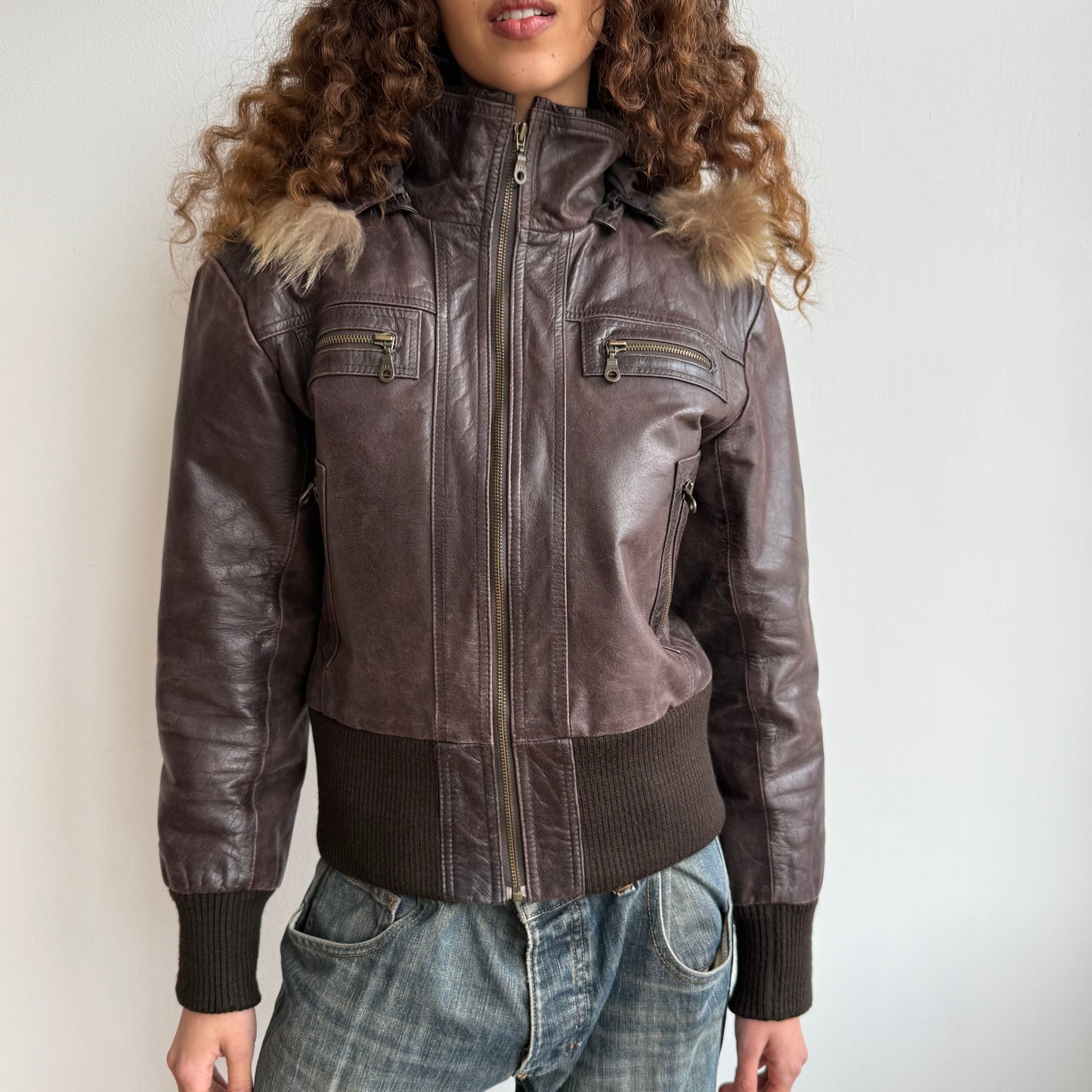 Brown leather fur hood bomber - Size M/L
