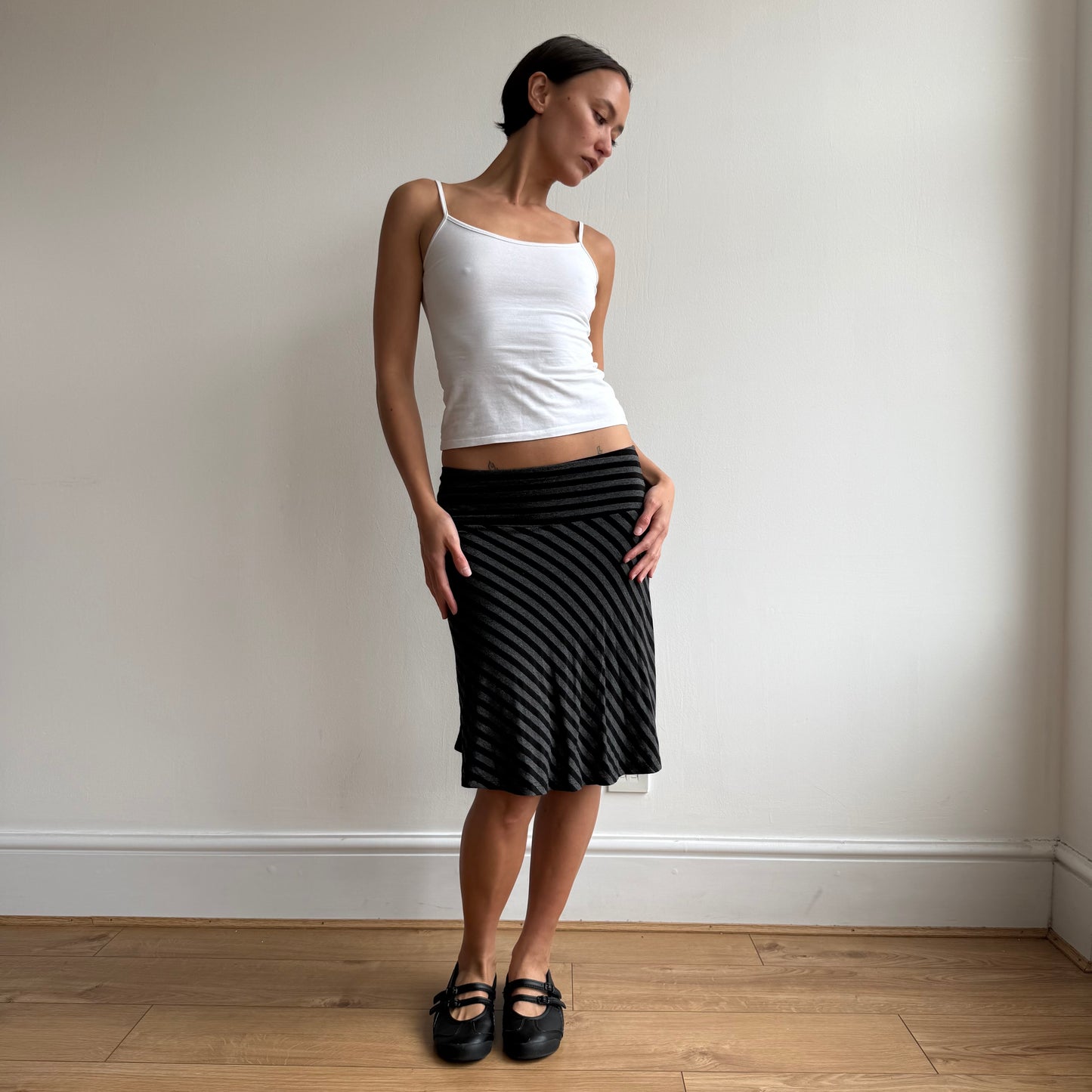 Black + grey striped midi skirt - Size S