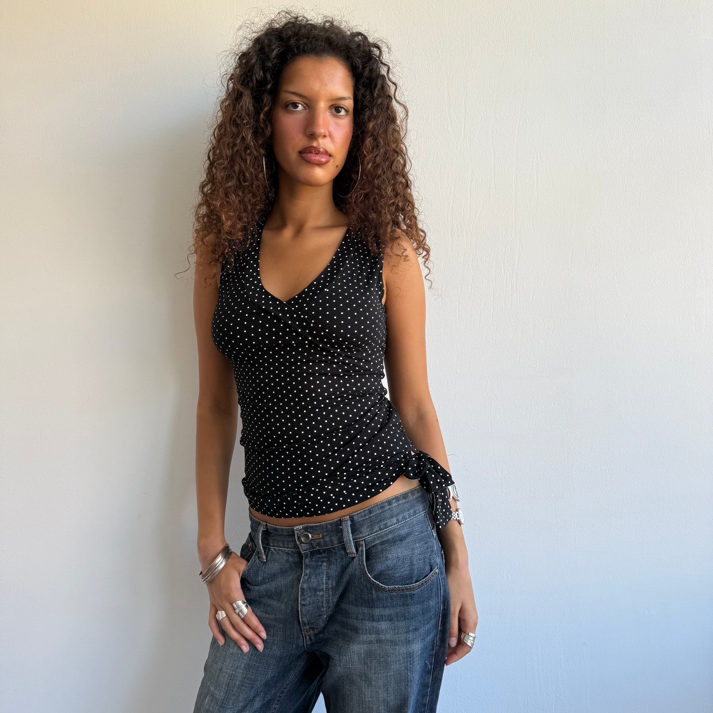 Polka dot tie side wrap top - Size S