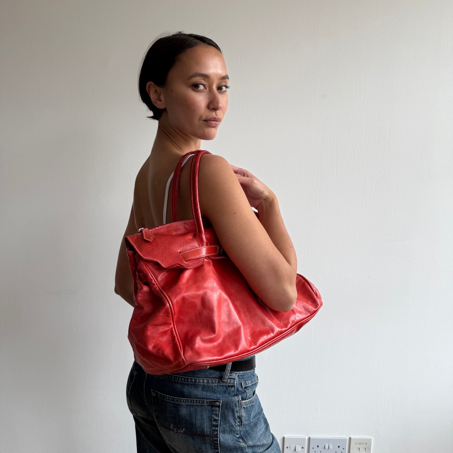 Red leather ‘firkin’ bag - One Size