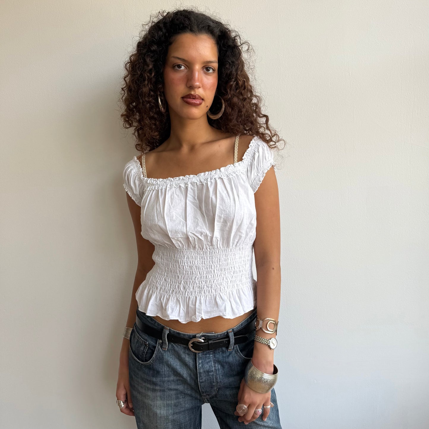 White ruched milkmaid top - Size S