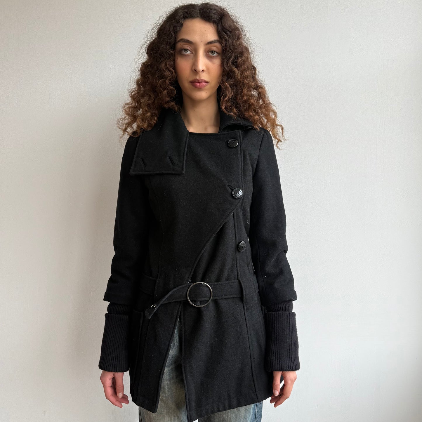 Black asymmetric belt coat - Size M