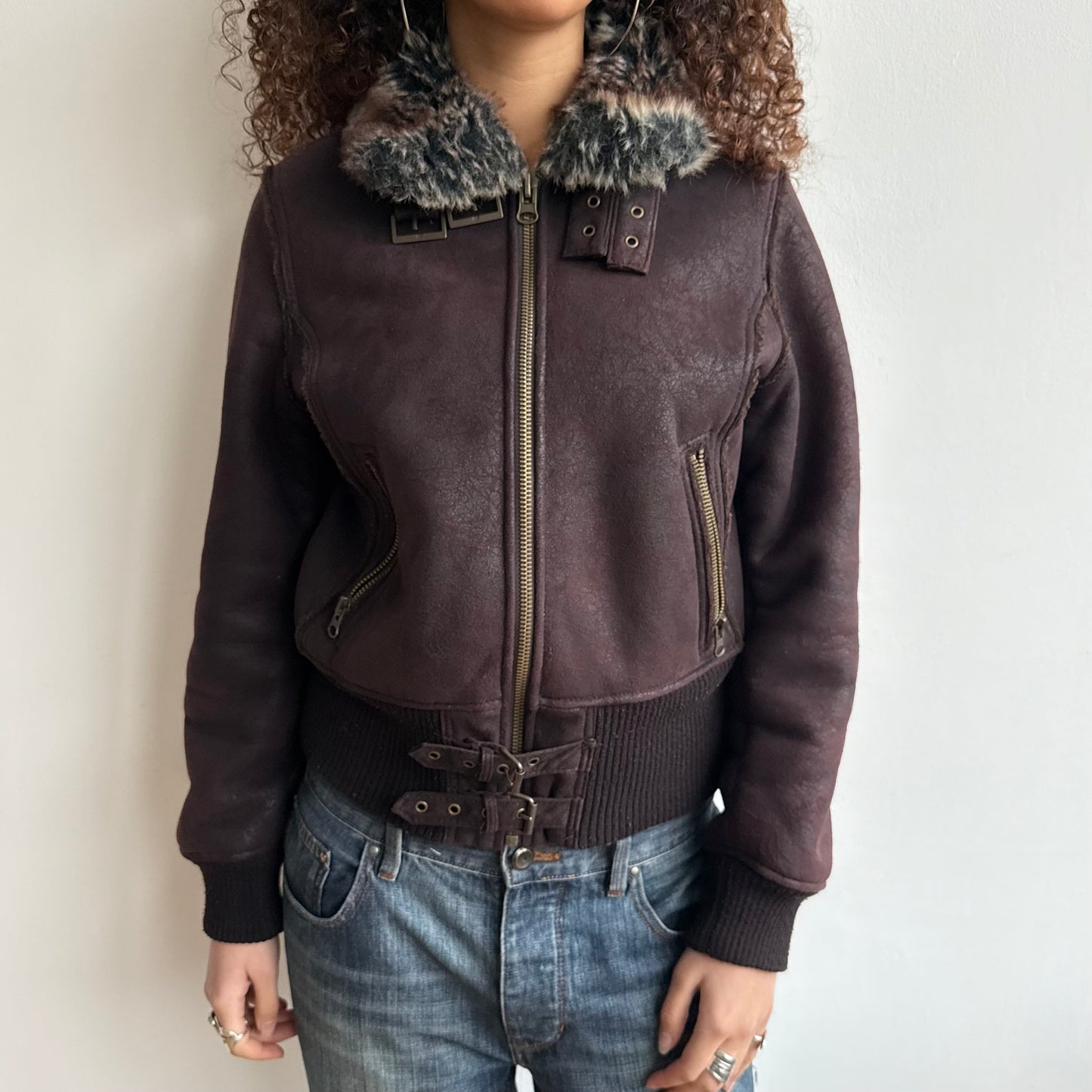 Brown buckle faux suede bomber - Size M/L