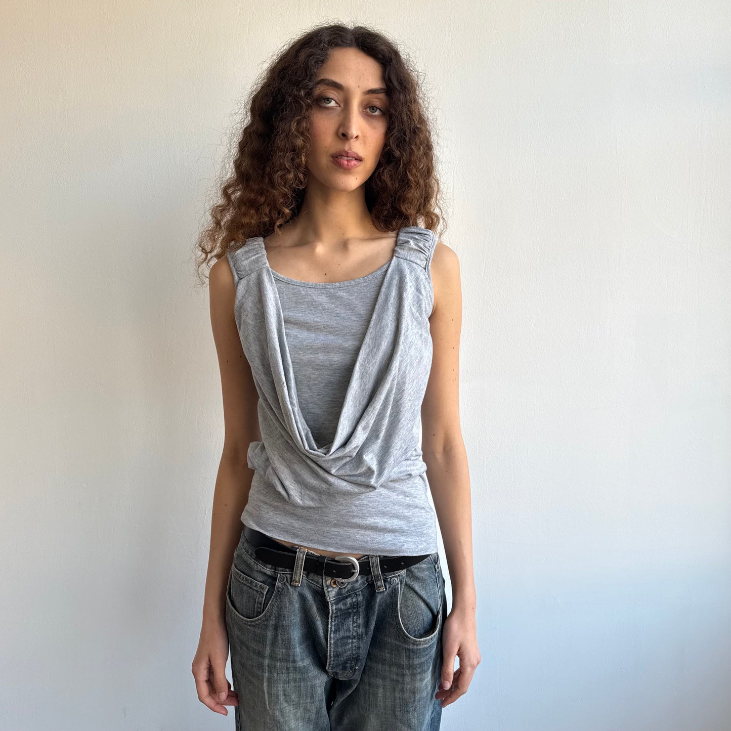 Grey ruched sleeve cowl top - Size S/M