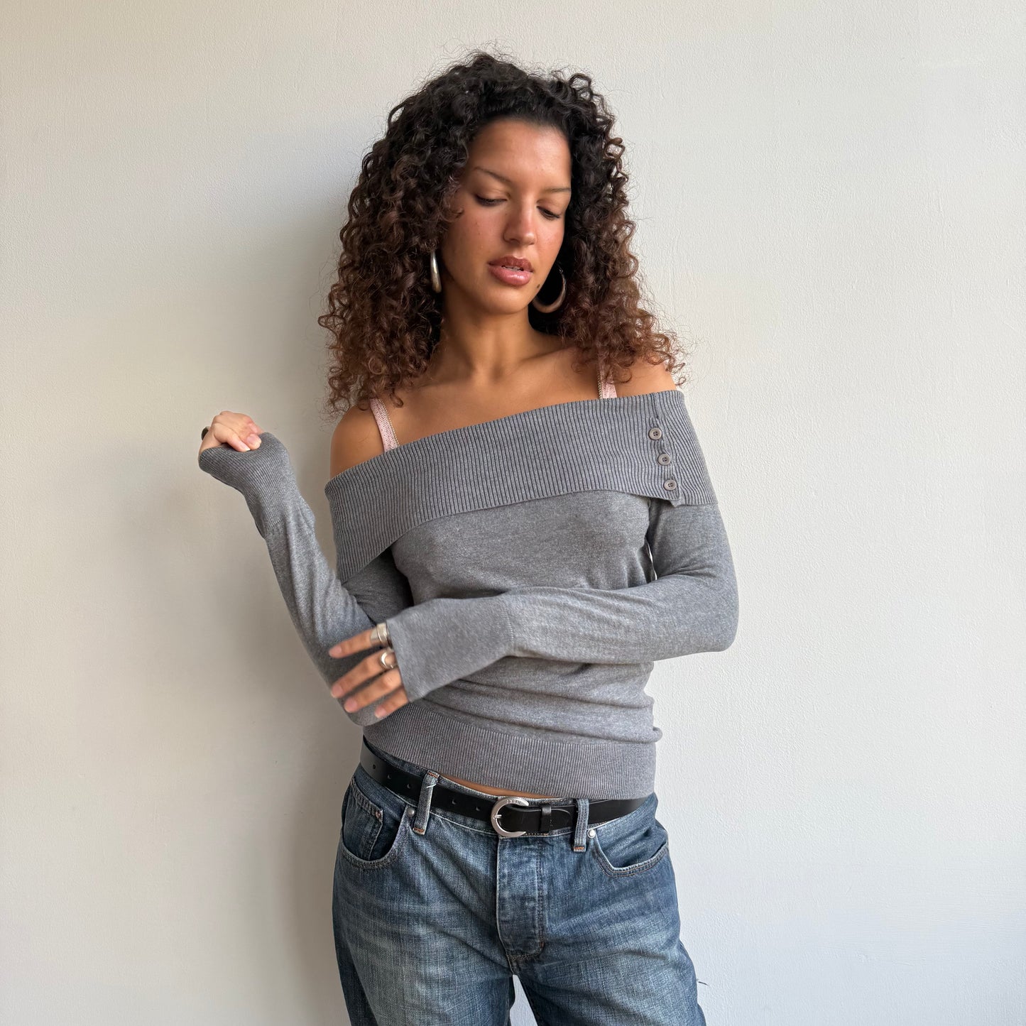 Grey button bardot knit - Size S