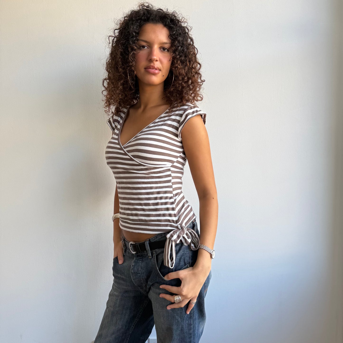 Brown + white stripe wrap top - Size M + L