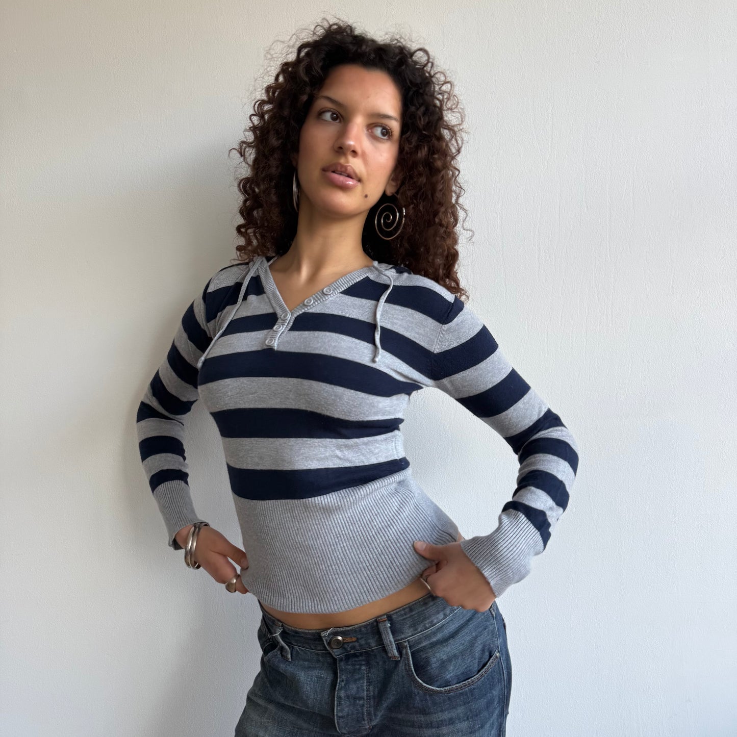 Navy and grey striped hoodie - Size S