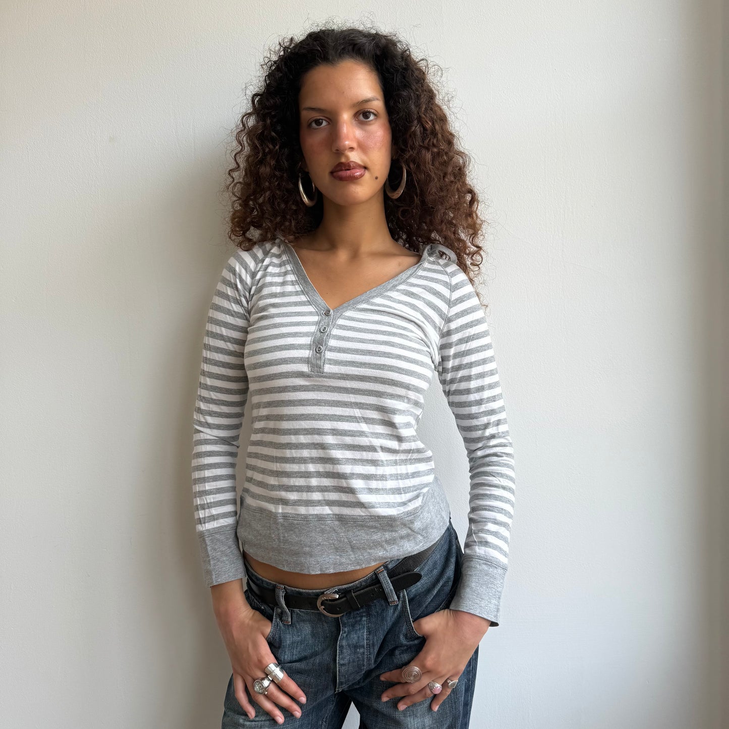 Grey stripe hooded top - Size S